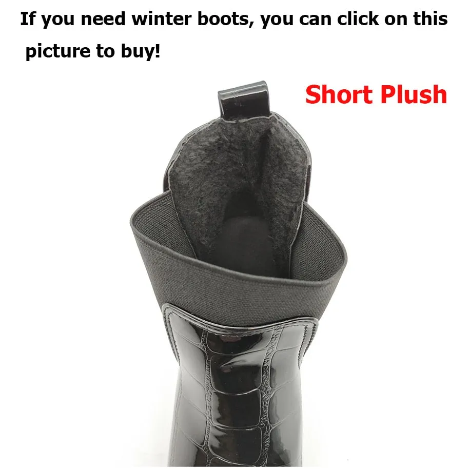 2018 Chic Women Boots Shiny PU Leather Autumn Winter Shoes Woman Spuare Toe Block Heels Peluche Ankle Boots Female Botas Mujer