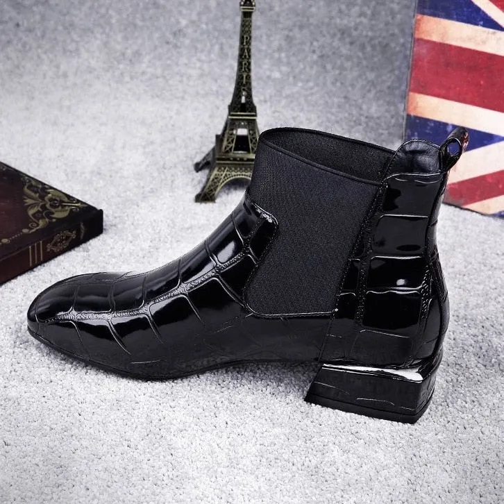 2018 Chic Women Boots Shiny PU Leather Autumn Winter Shoes Woman Spuare Toe Block Heels Peluche Ankle Boots Female Botas Mujer