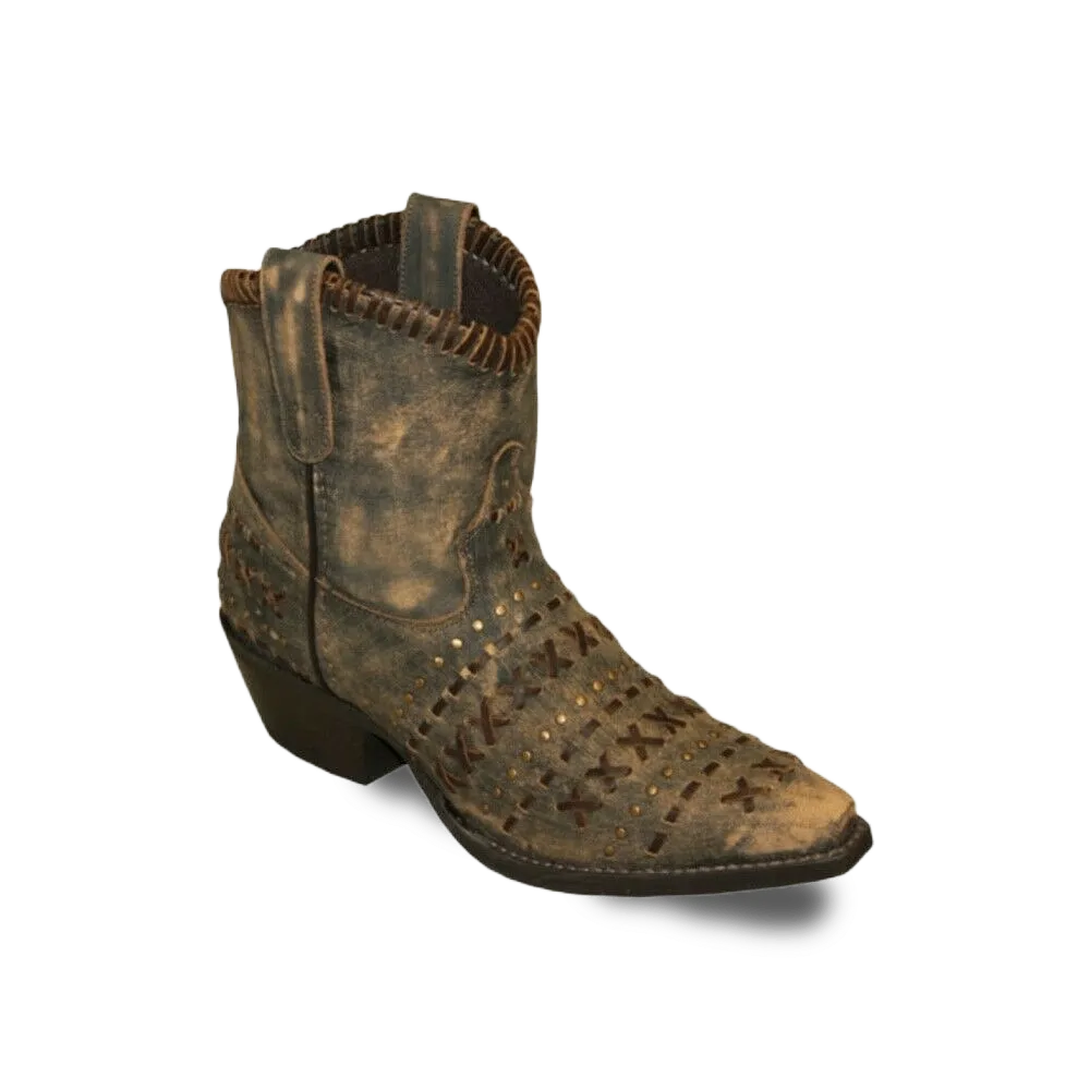Abilene Ladies Rawhide Distressed Brown Hand Laced Ankle Boots 5074