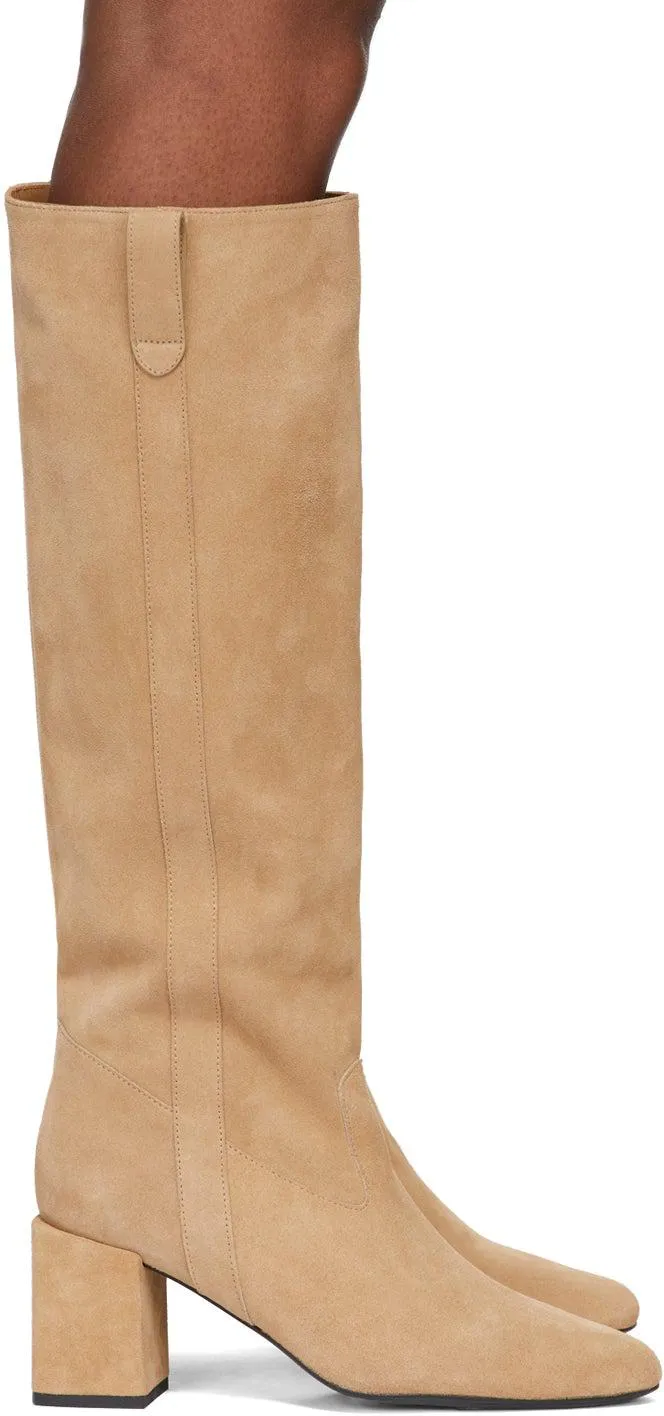 AMI Alexandre Mattiussi Beige Suede Block Heel Tall Boots