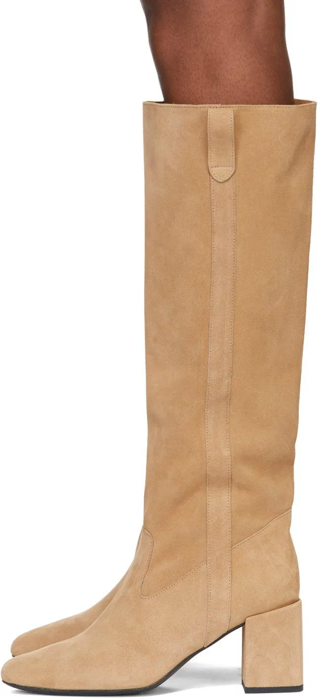 AMI Alexandre Mattiussi Beige Suede Block Heel Tall Boots