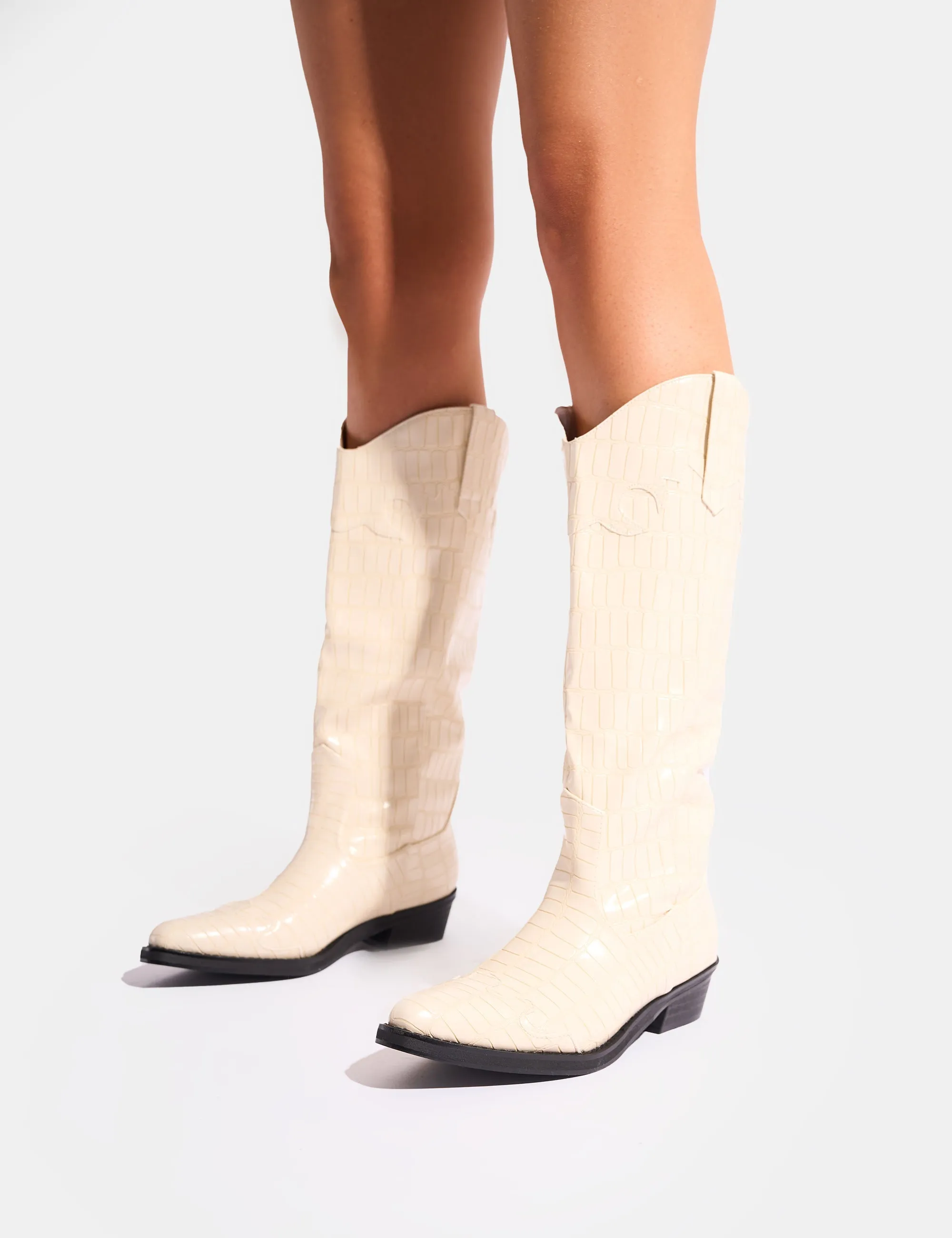 Apollo Cream Brown Stitch Flat Western Knee High Boots