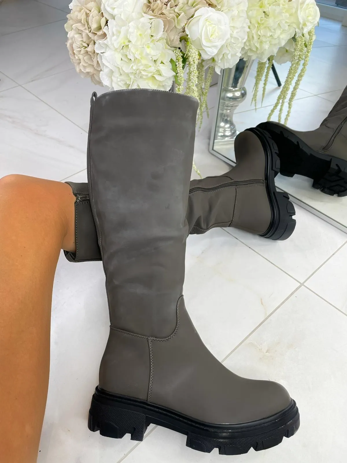 Aria Rubberised Knee High Boot - Khaki