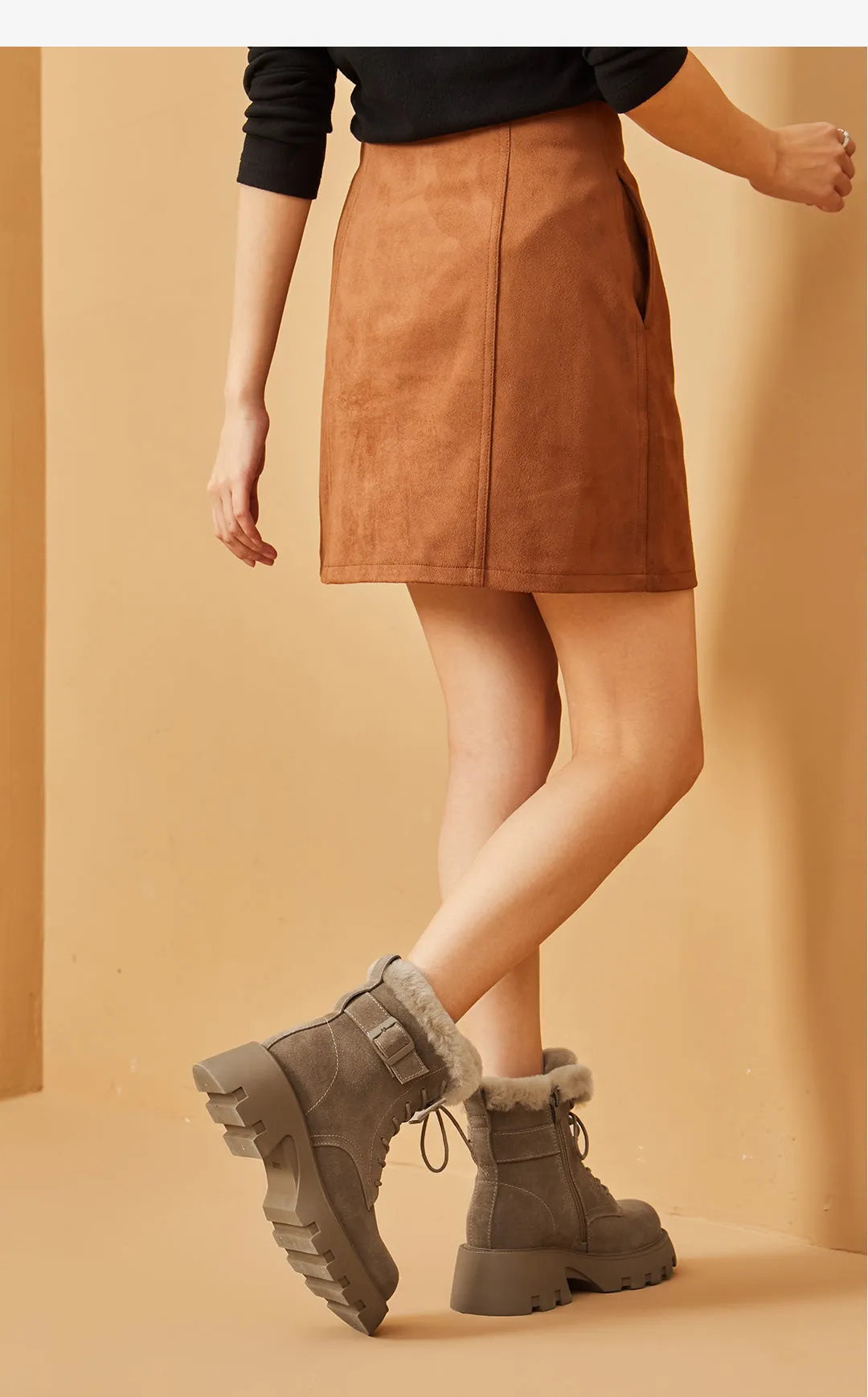BeauToday Buckle Strap Decor Platform  Ankle Boots for Women Winter