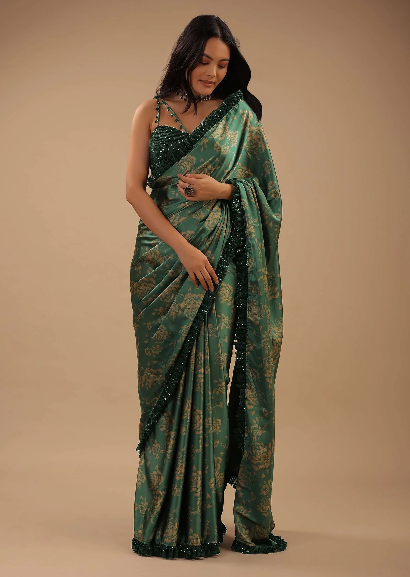 Beryl Green Satin Saree With Floral Print And Sequin Frill On The Border