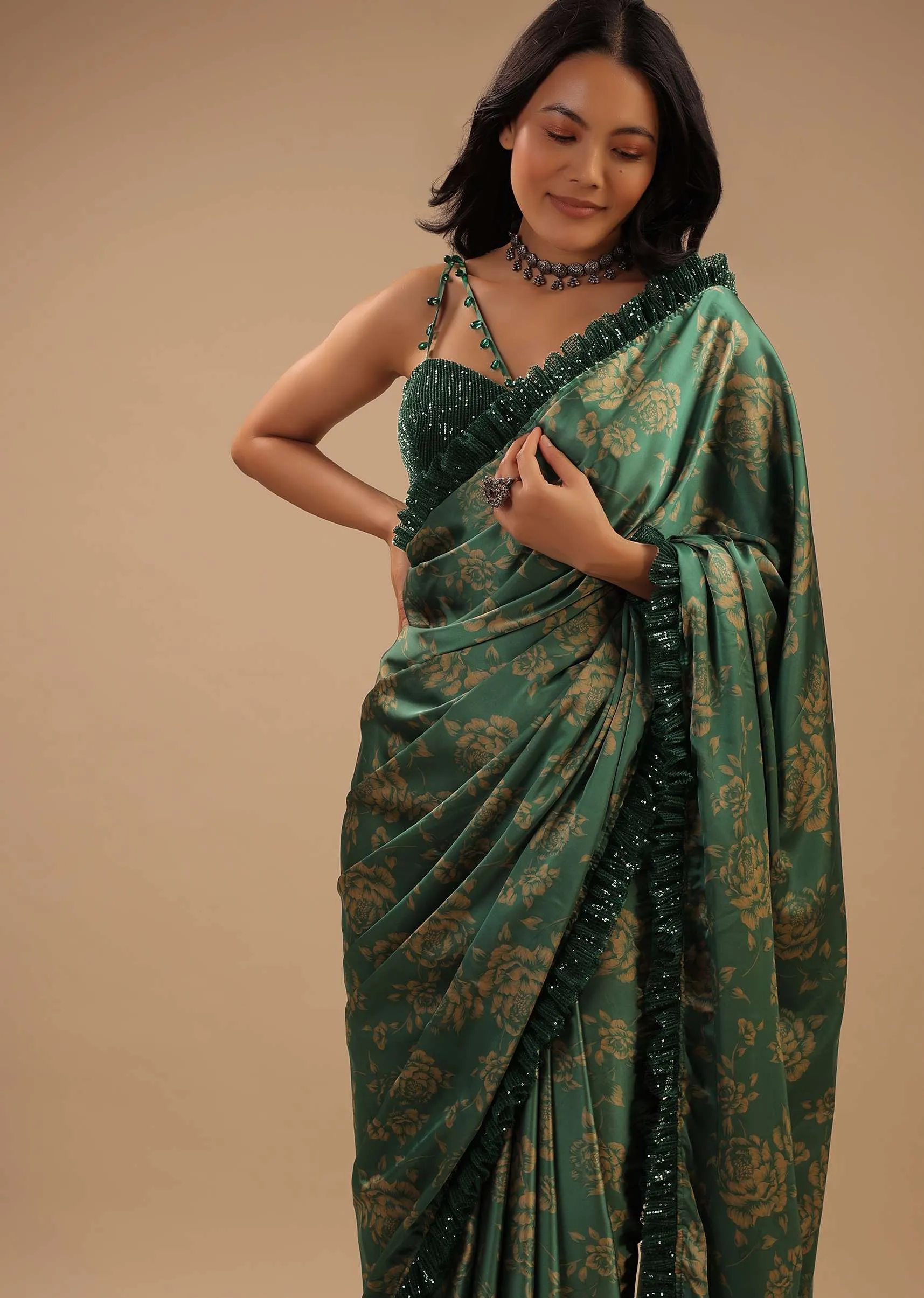Beryl Green Satin Saree With Floral Print And Sequin Frill On The Border