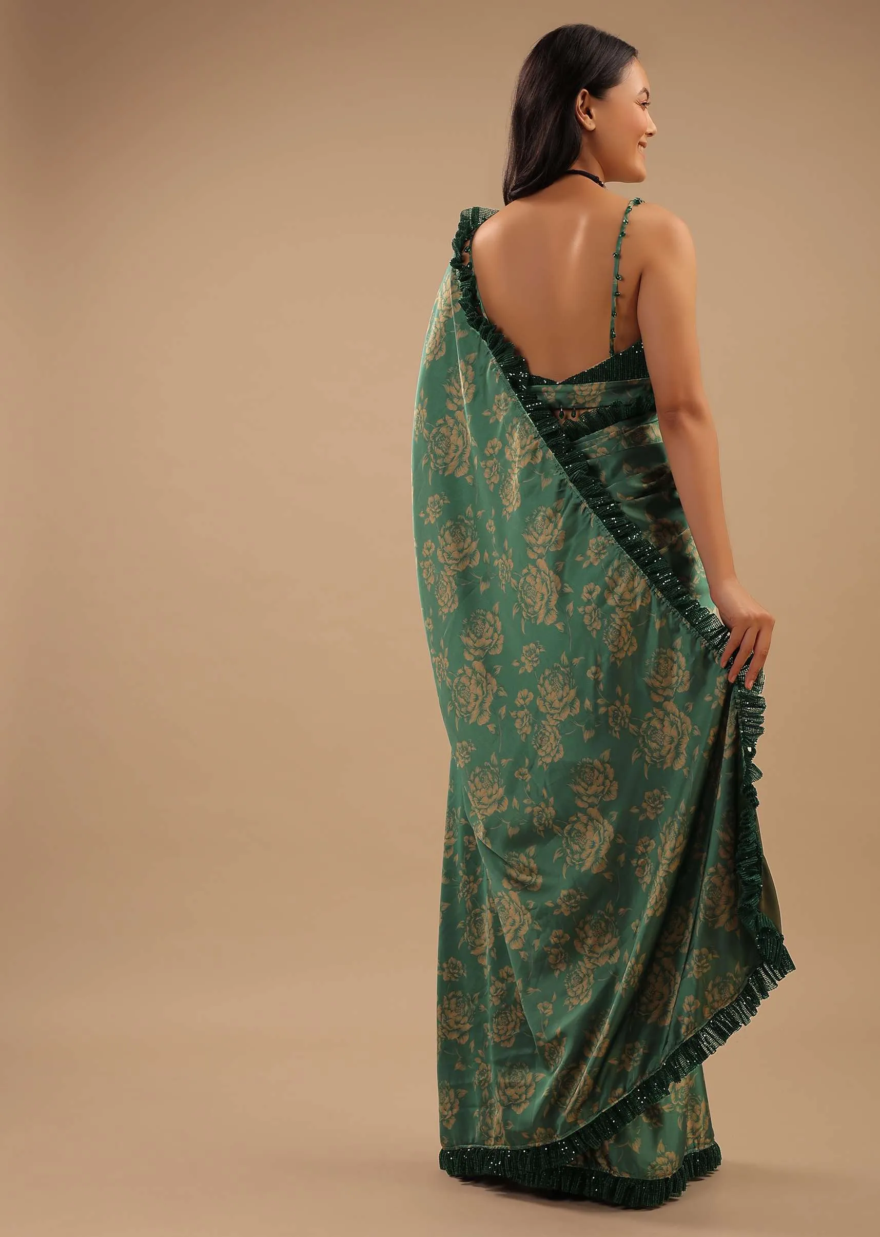 Beryl Green Satin Saree With Floral Print And Sequin Frill On The Border