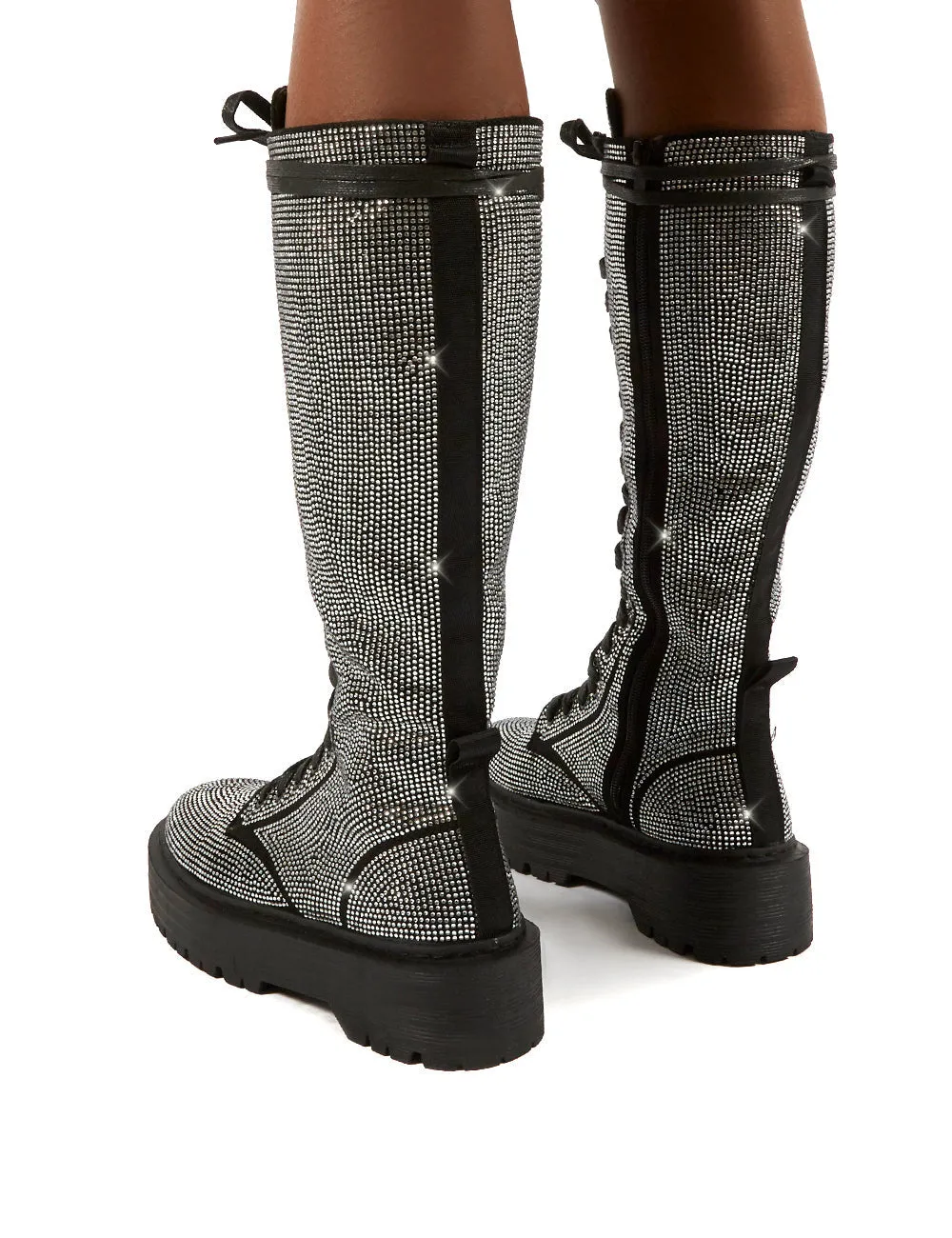 Bitter Sweet Black Diamante Lace Up Knee High Chunky Boots