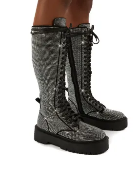 Bitter Sweet Black Diamante Lace Up Knee High Chunky Boots