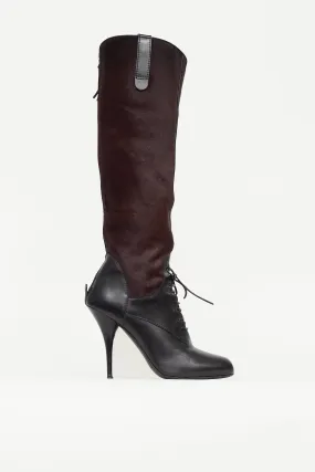 Black & Burgundy Leather Knee High Boot