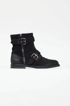 Black & Silver Suede Buckled Boot