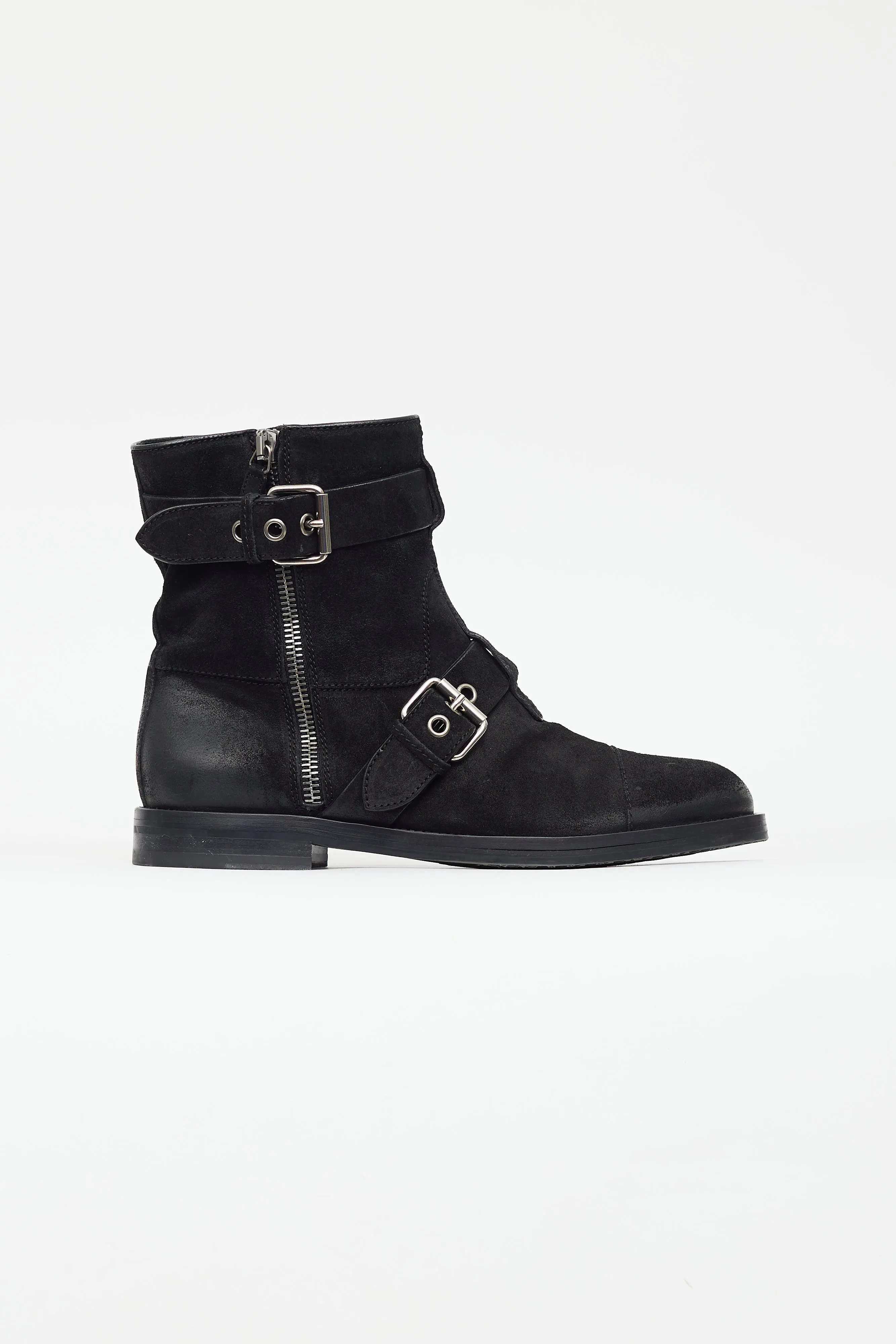 Black & Silver Suede Buckled Boot