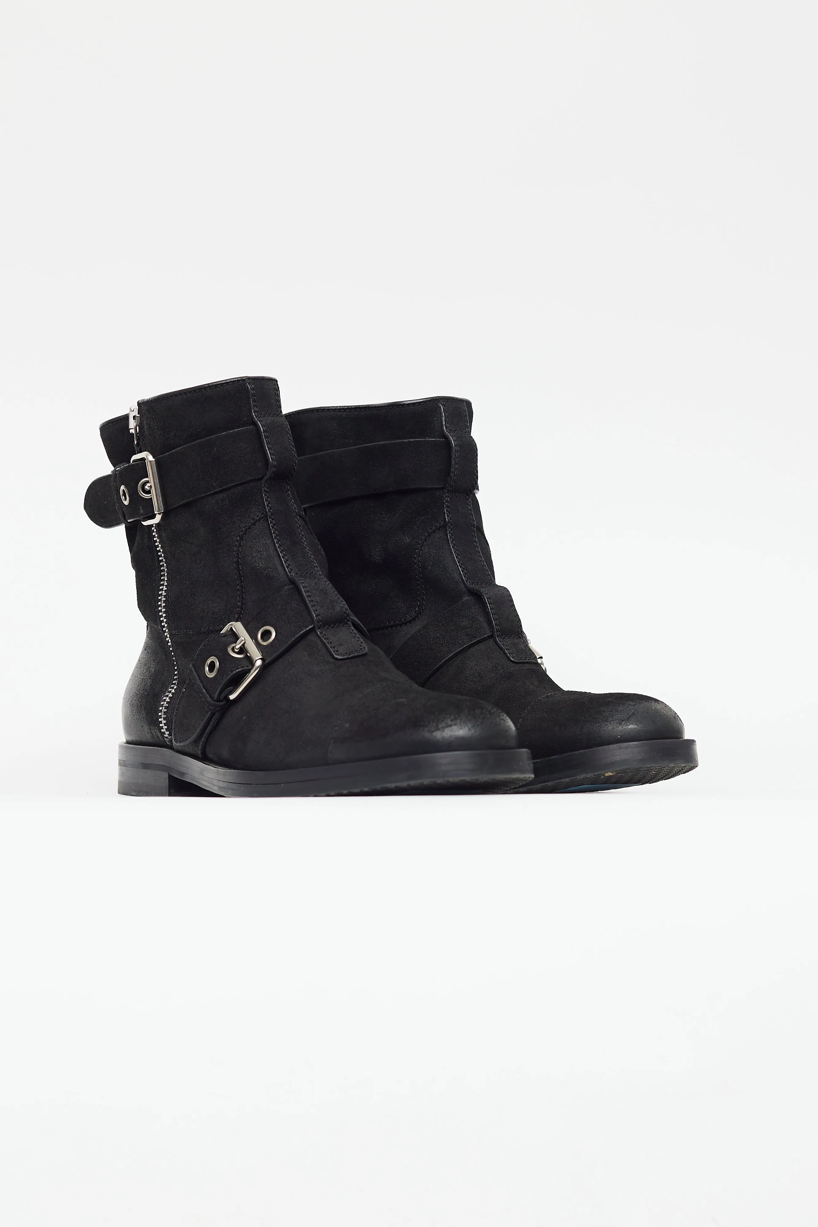 Black & Silver Suede Buckled Boot