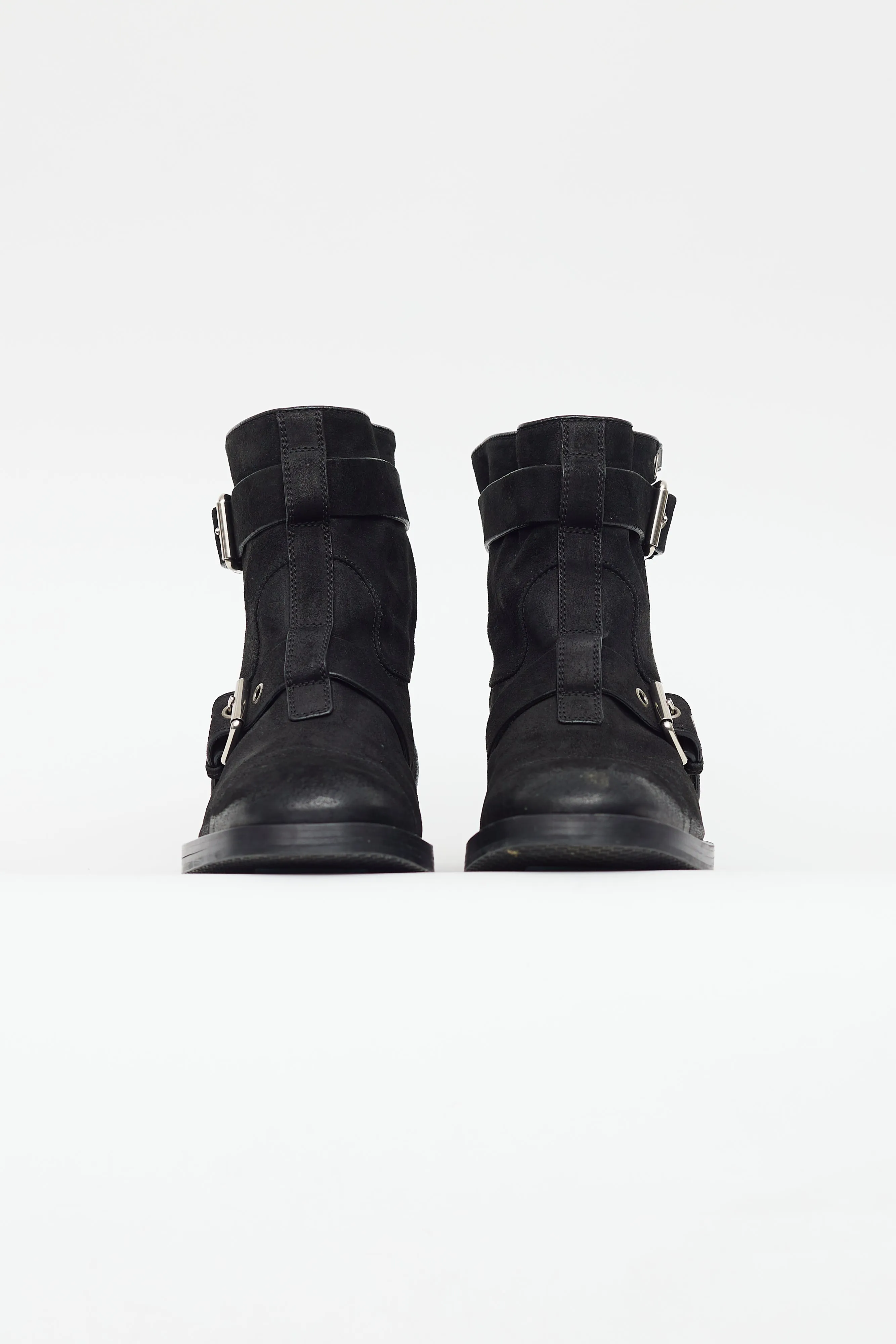 Black & Silver Suede Buckled Boot