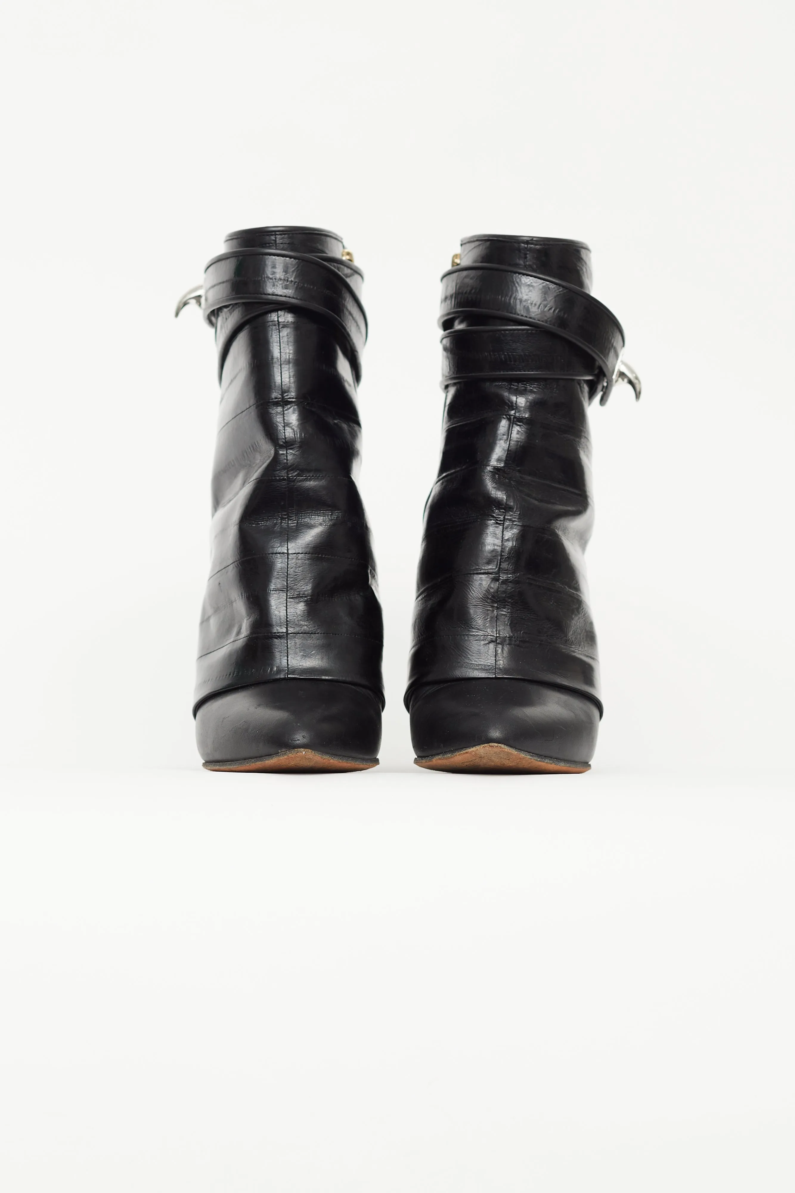 Black Embossed Leather Shark Ankle Boot