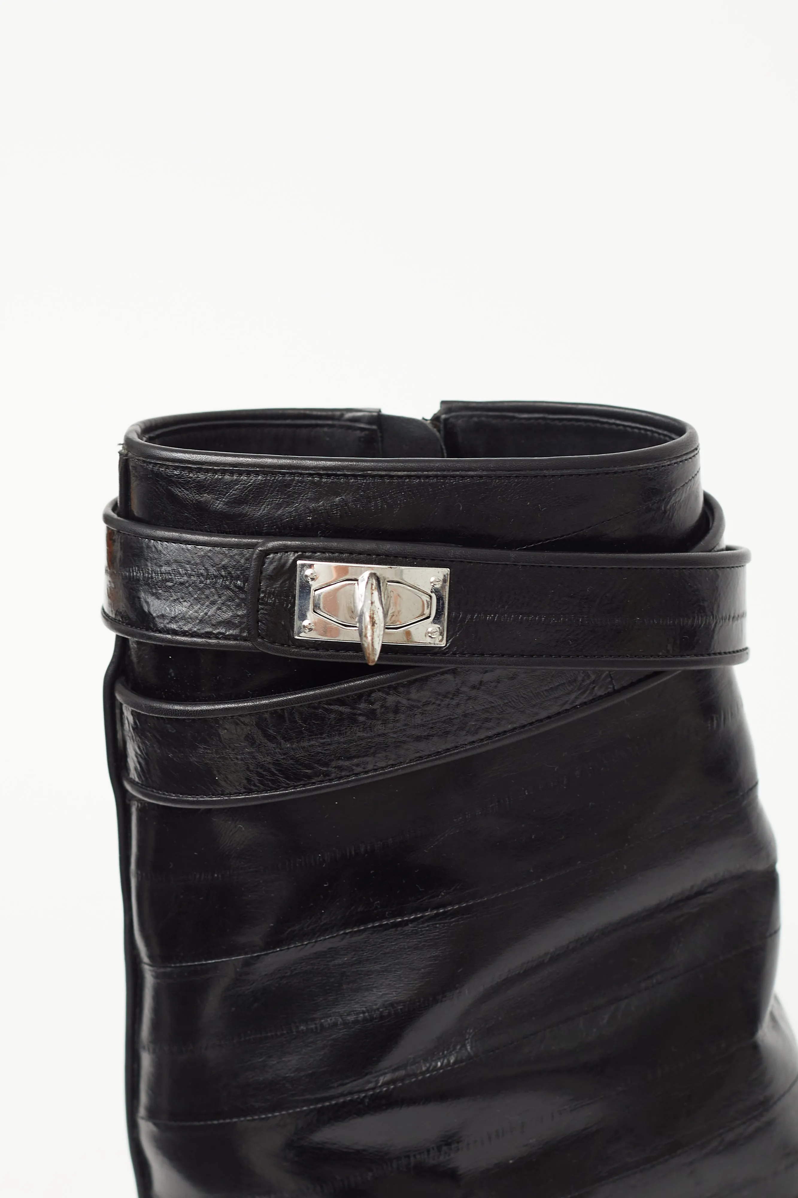 Black Embossed Leather Shark Ankle Boot