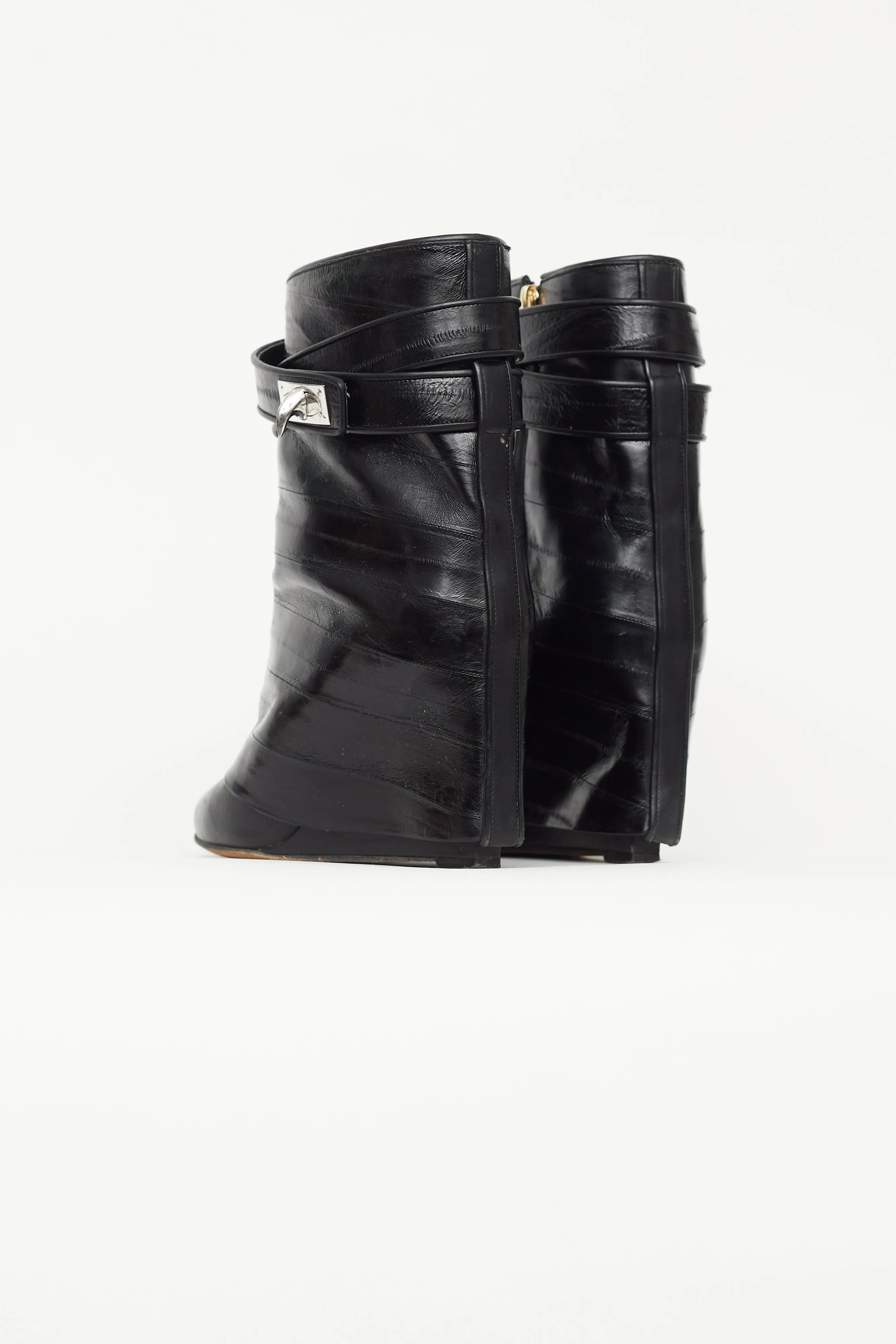 Black Embossed Leather Shark Ankle Boot