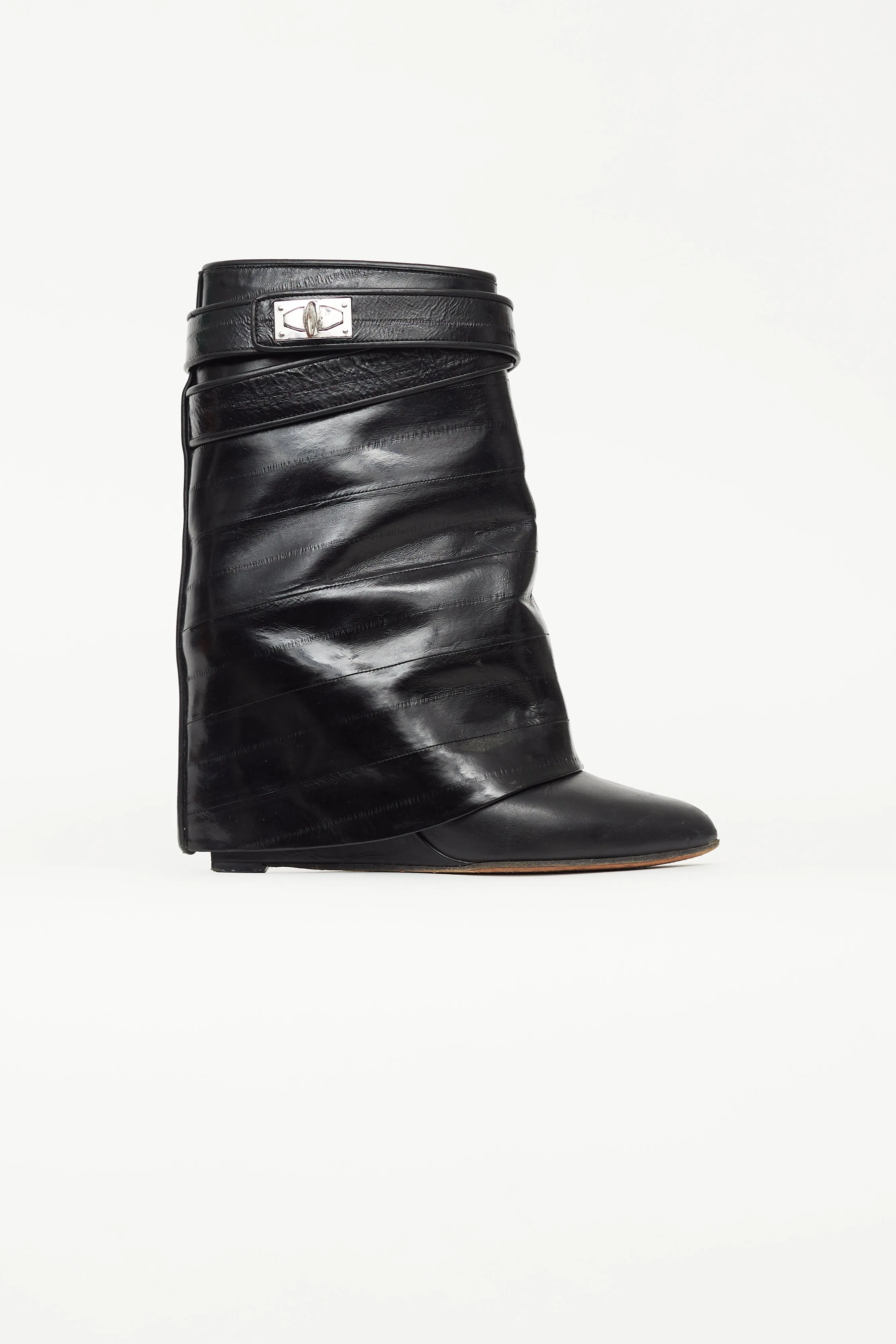 Black Embossed Leather Shark Ankle Boot