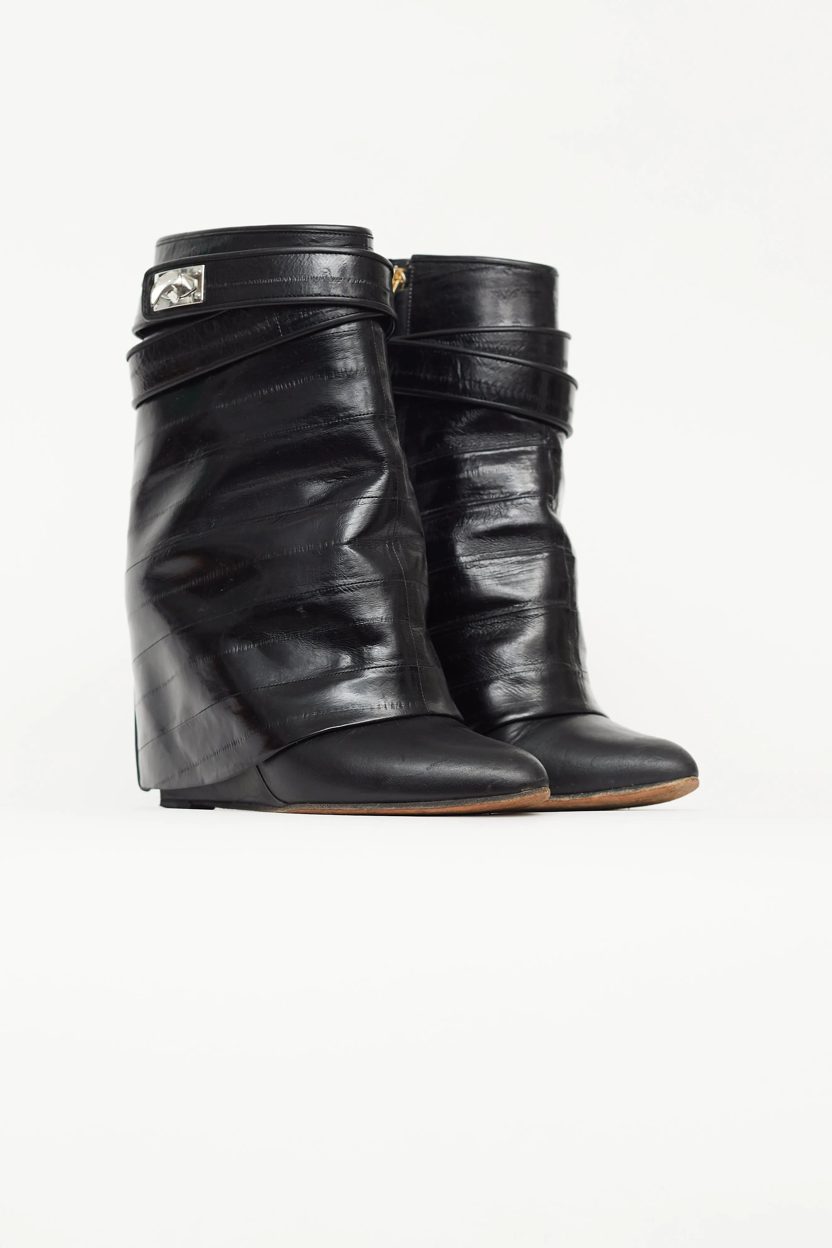 Black Embossed Leather Shark Ankle Boot