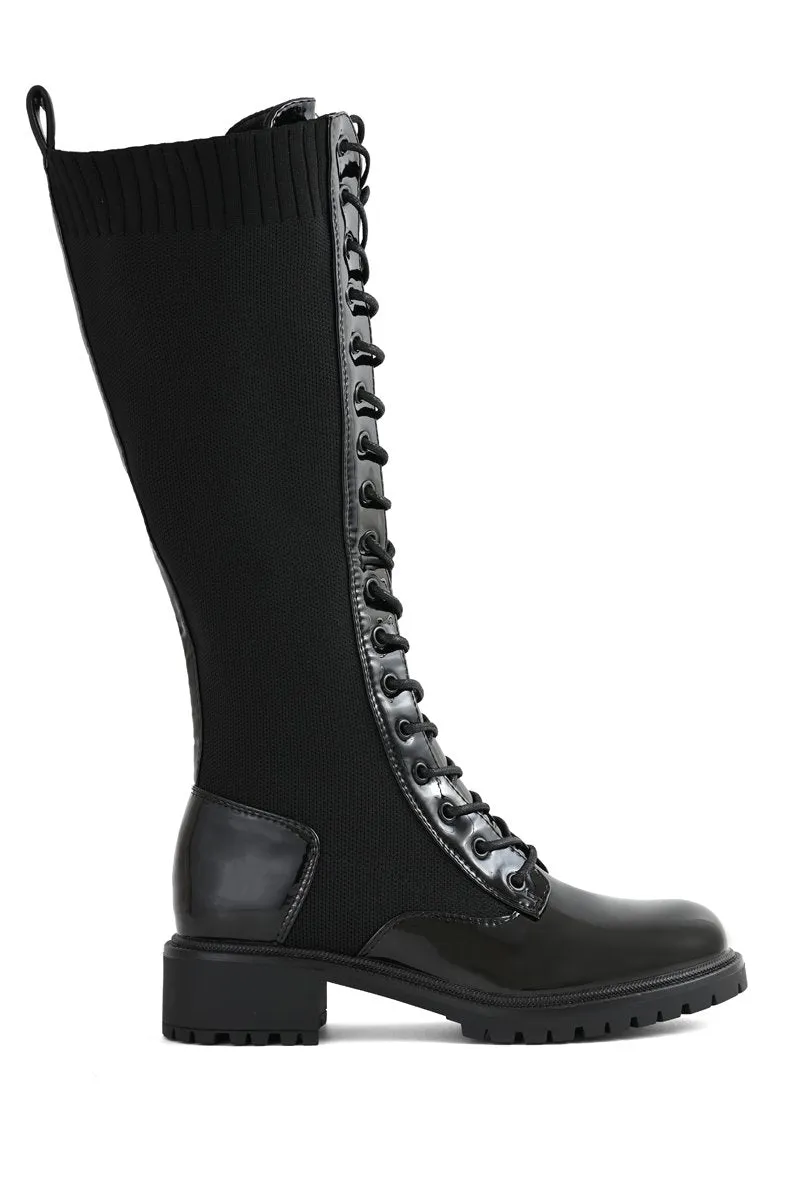 BLACK KNITTED LACED KNEE HIGH BOOT