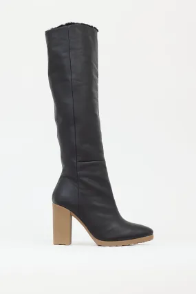 Black Leather & Sherpa Block Heel Boot