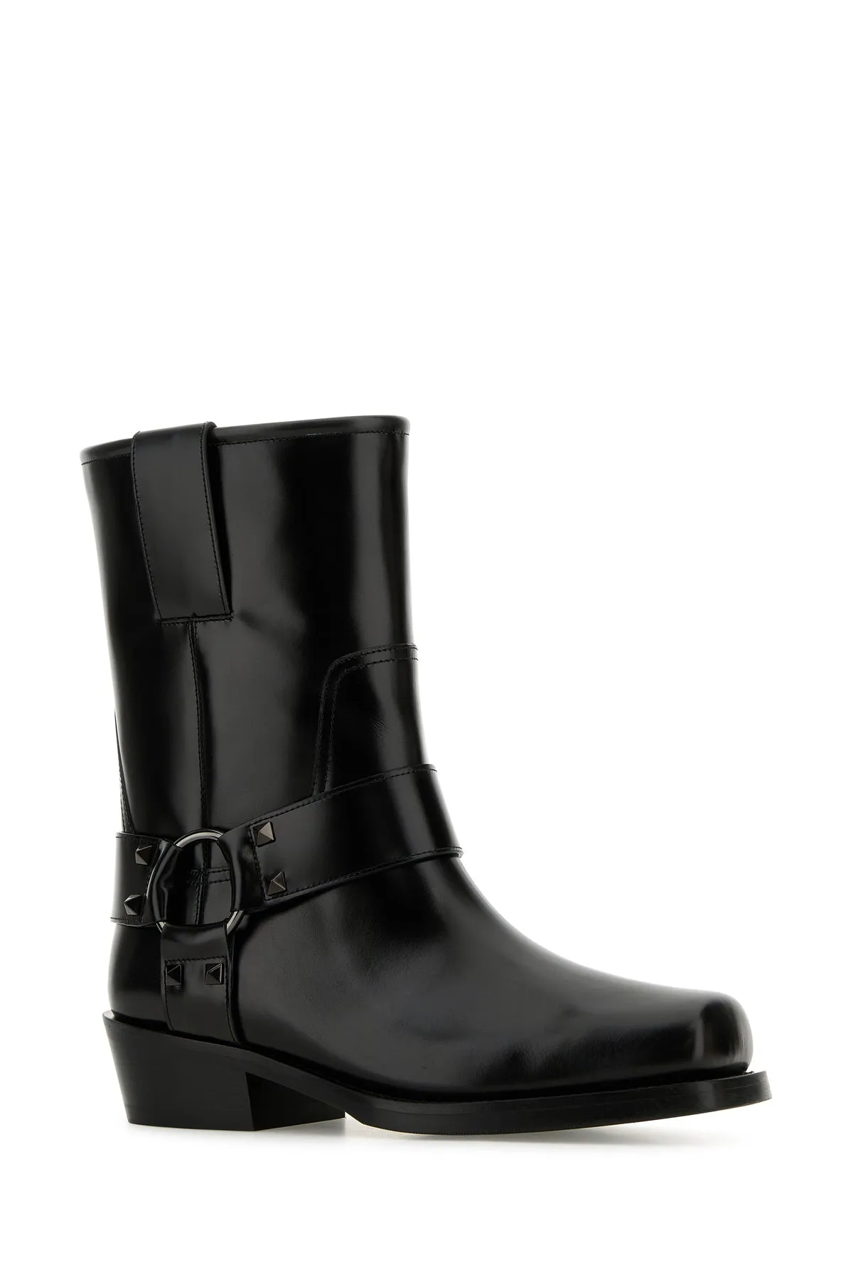 Black leather Biker Rockstud ankle boots