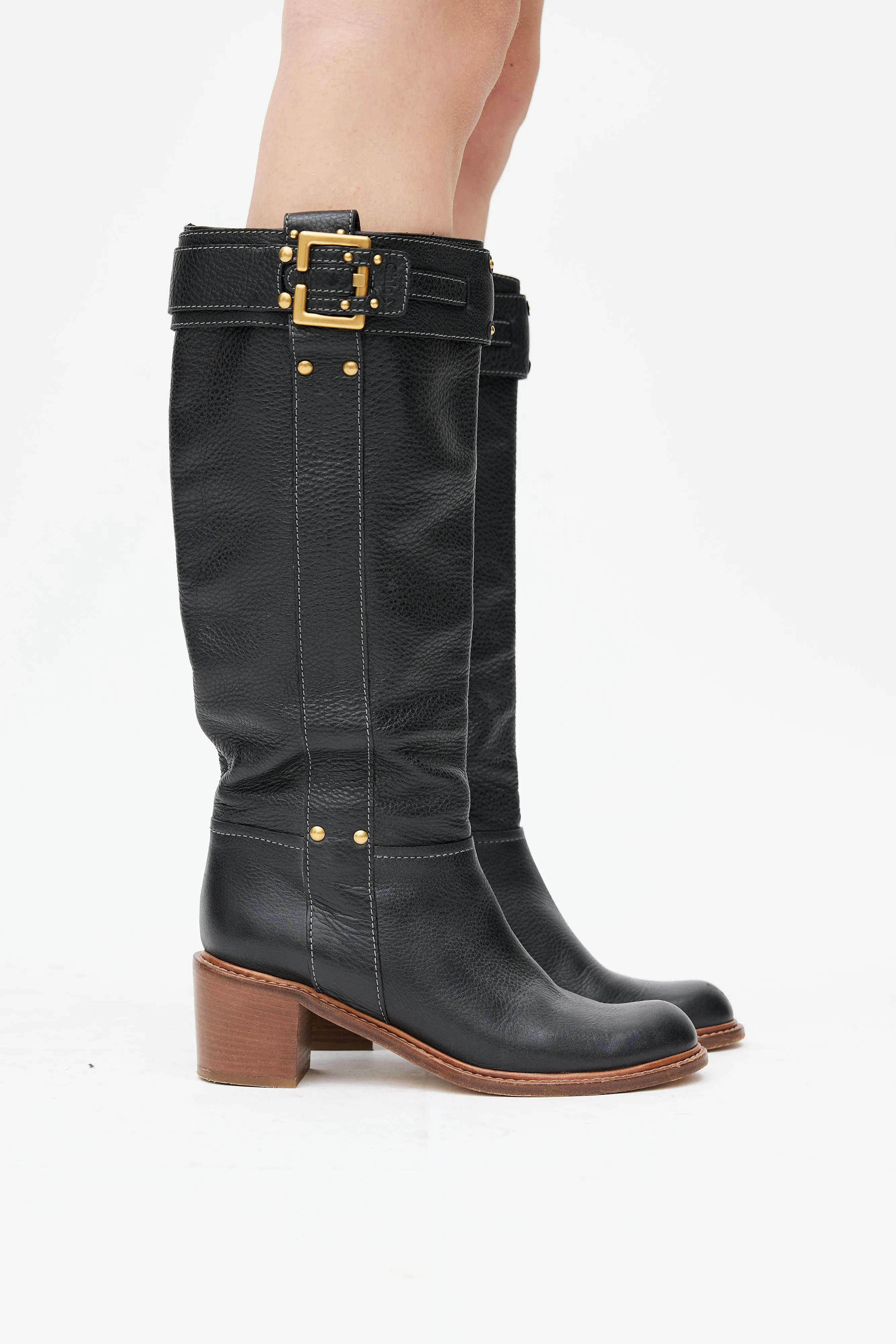 Black Leather Buckled Riding Boot