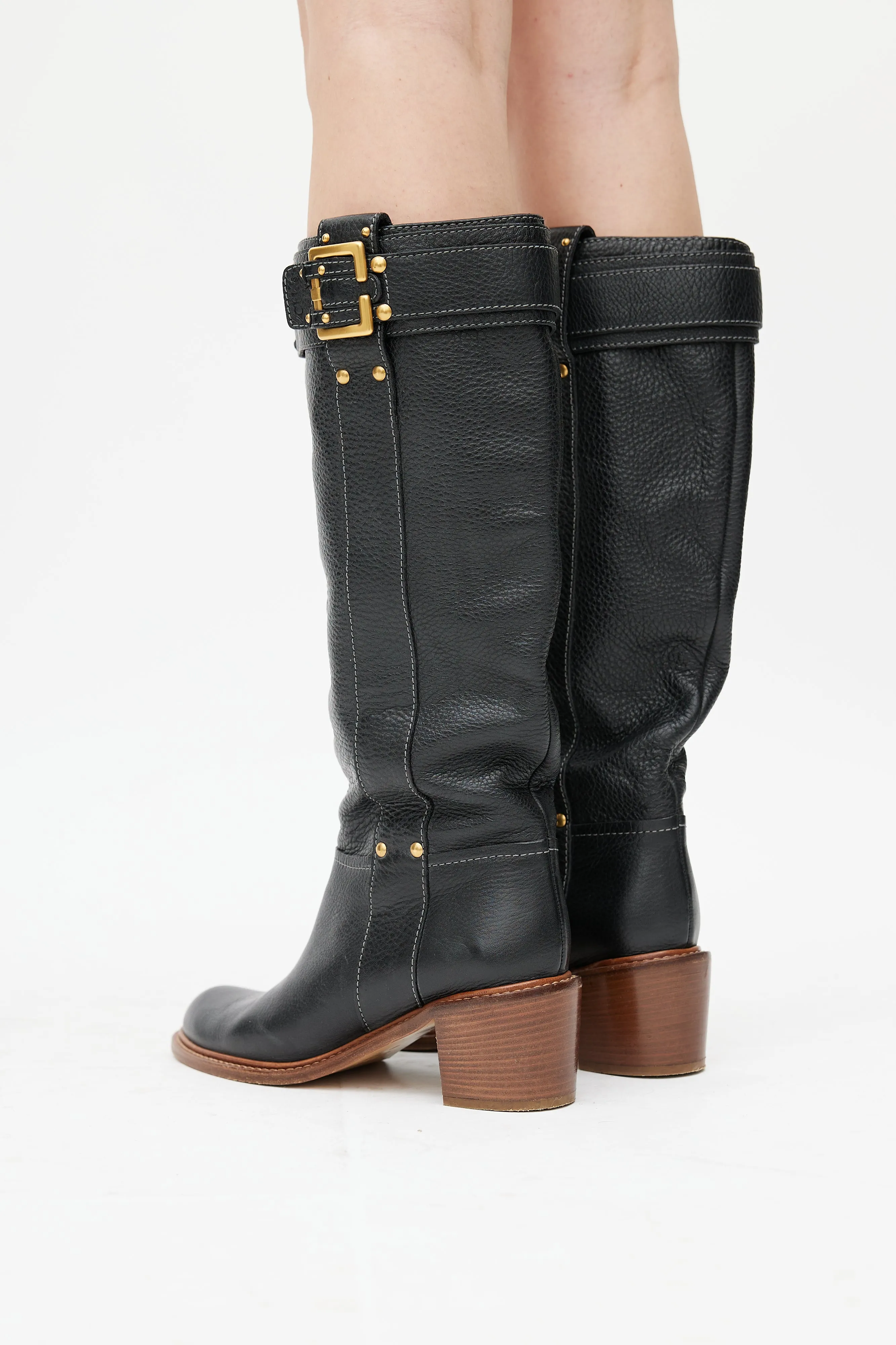 Black Leather Buckled Riding Boot