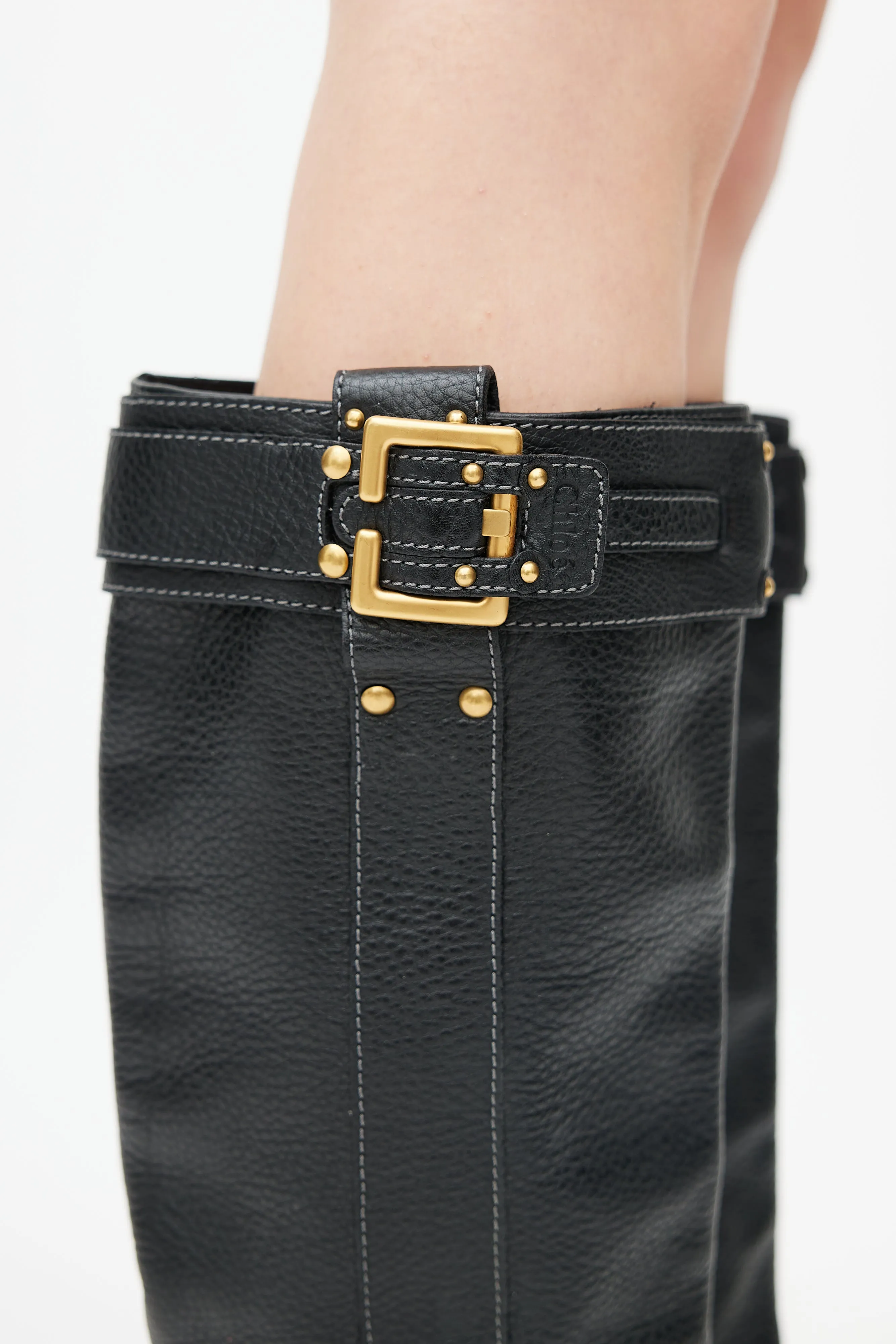 Black Leather Buckled Riding Boot