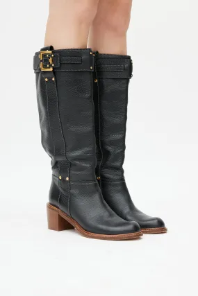 Black Leather Buckled Riding Boot