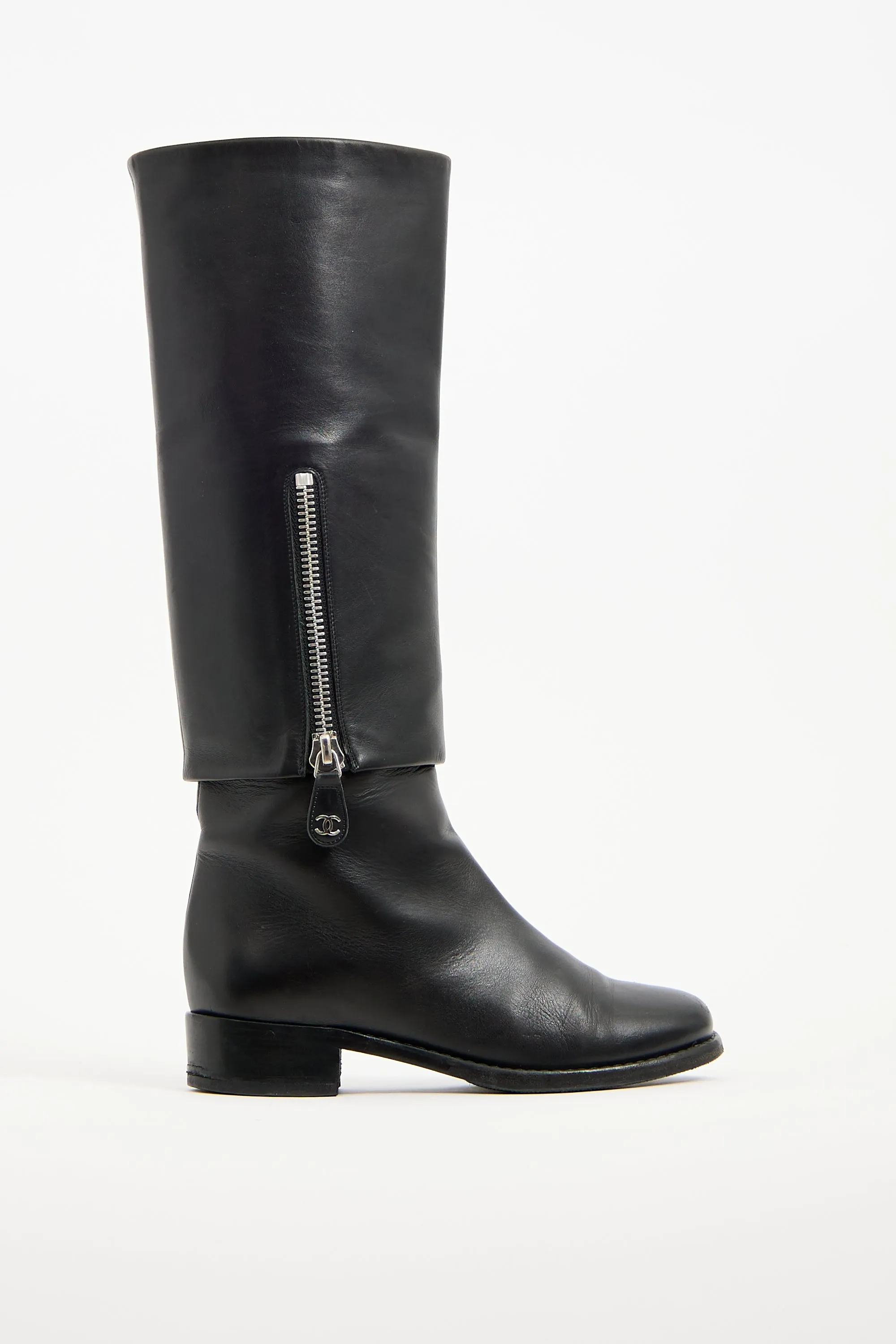 Black Leather Folded Riding Boot