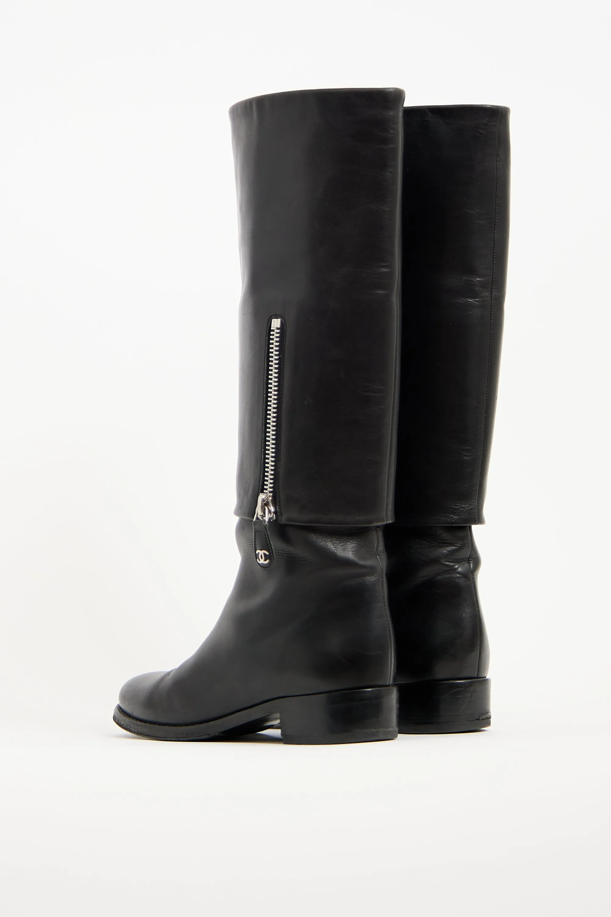 Black Leather Folded Riding Boot