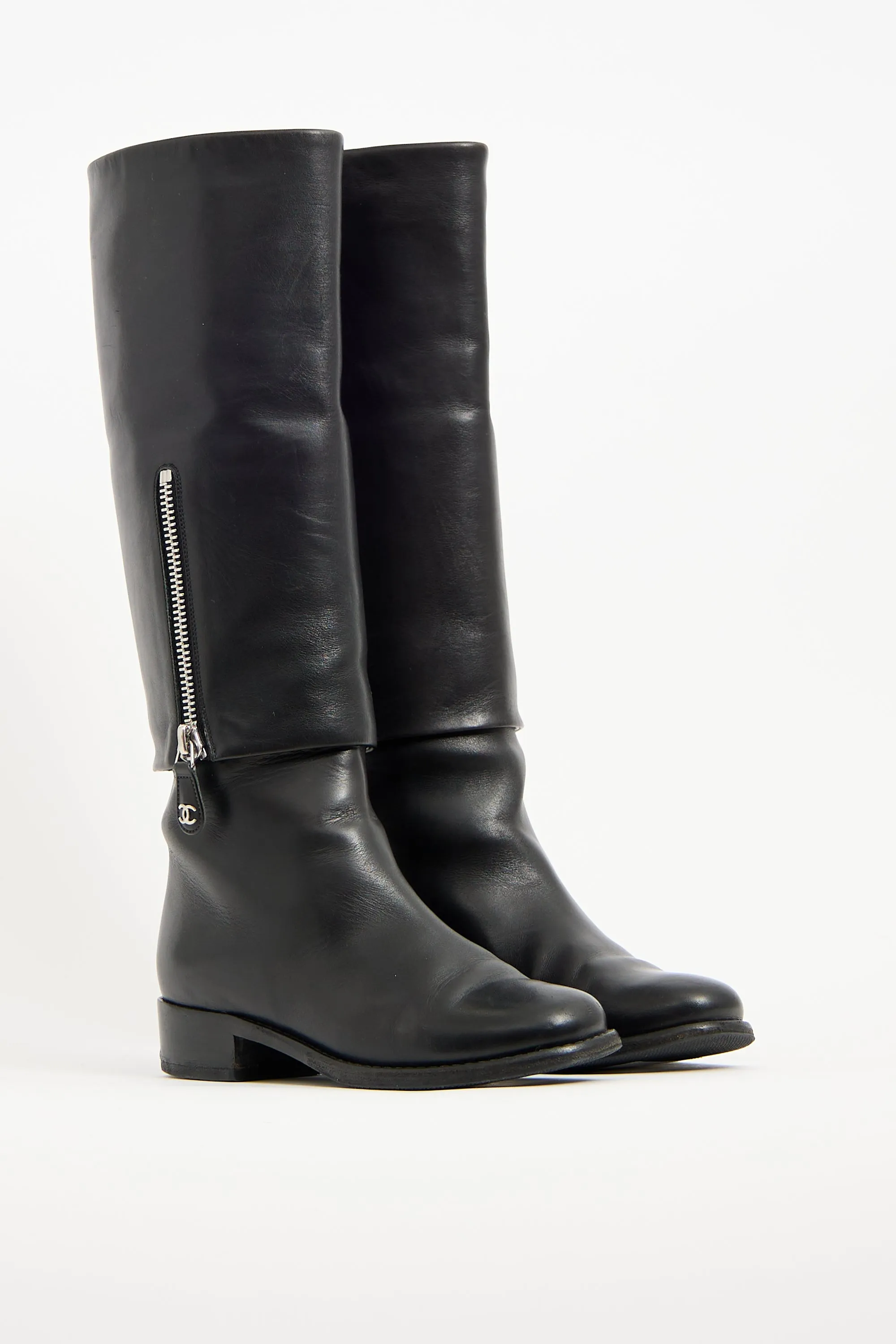 Black Leather Folded Riding Boot
