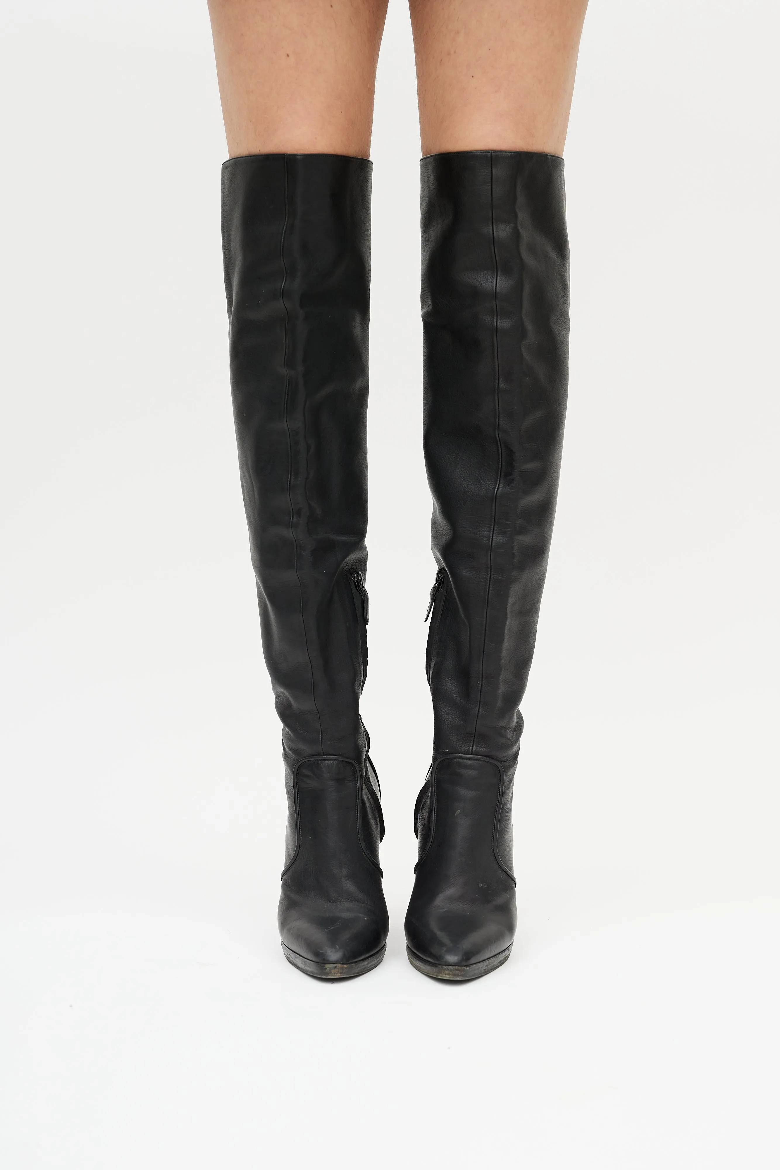 Black Leather Heeled Knee High Boot