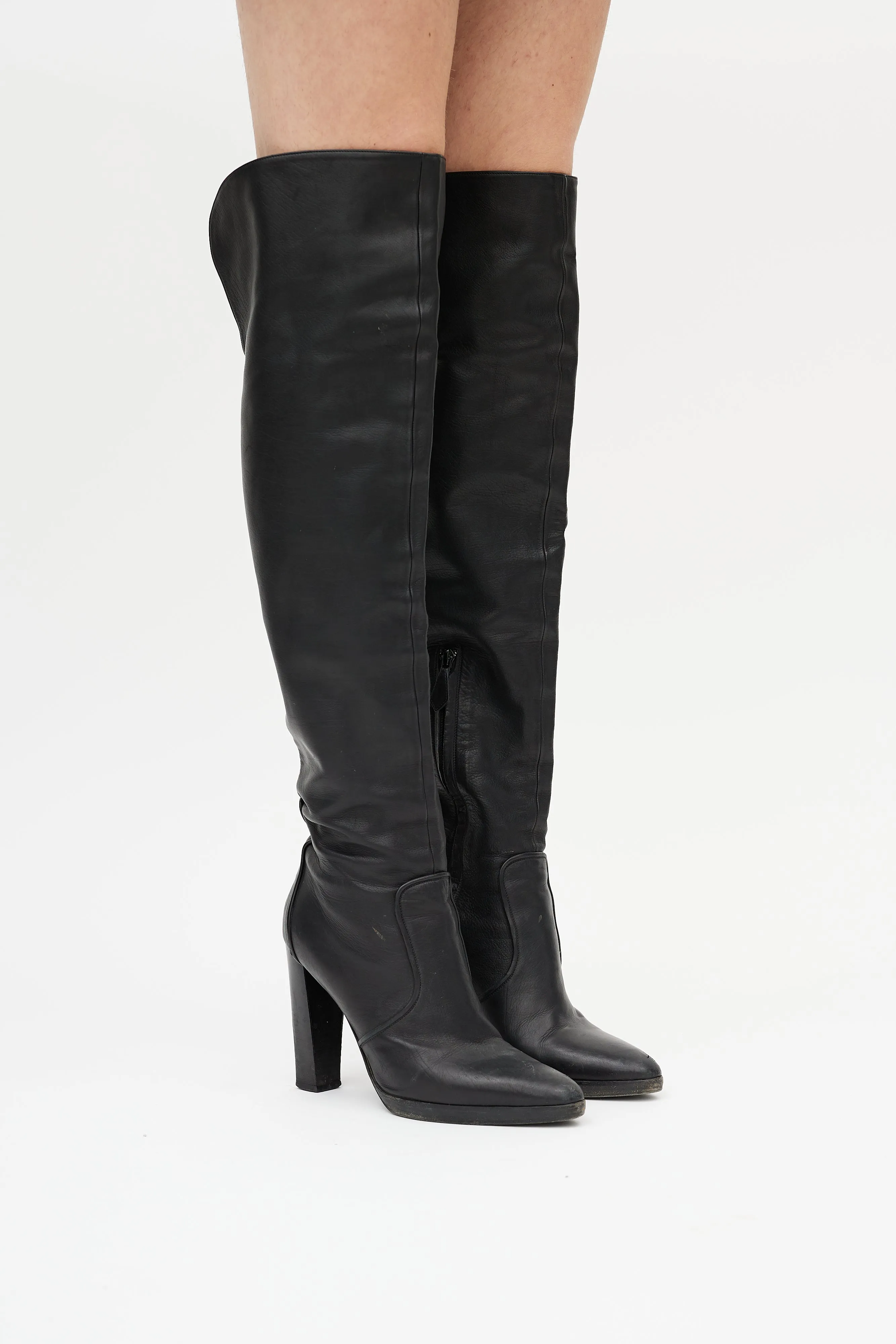 Black Leather Heeled Knee High Boot