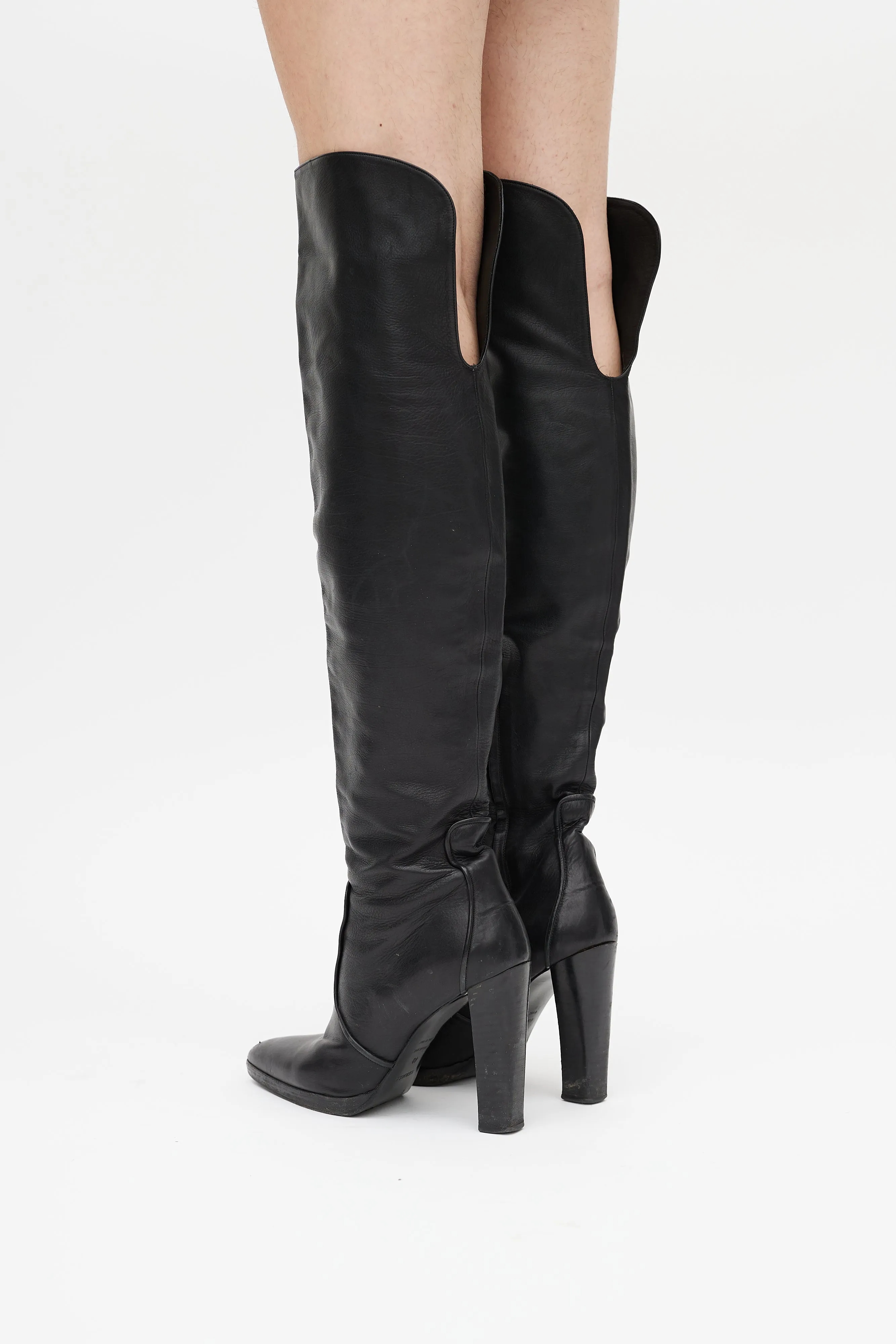 Black Leather Heeled Knee High Boot