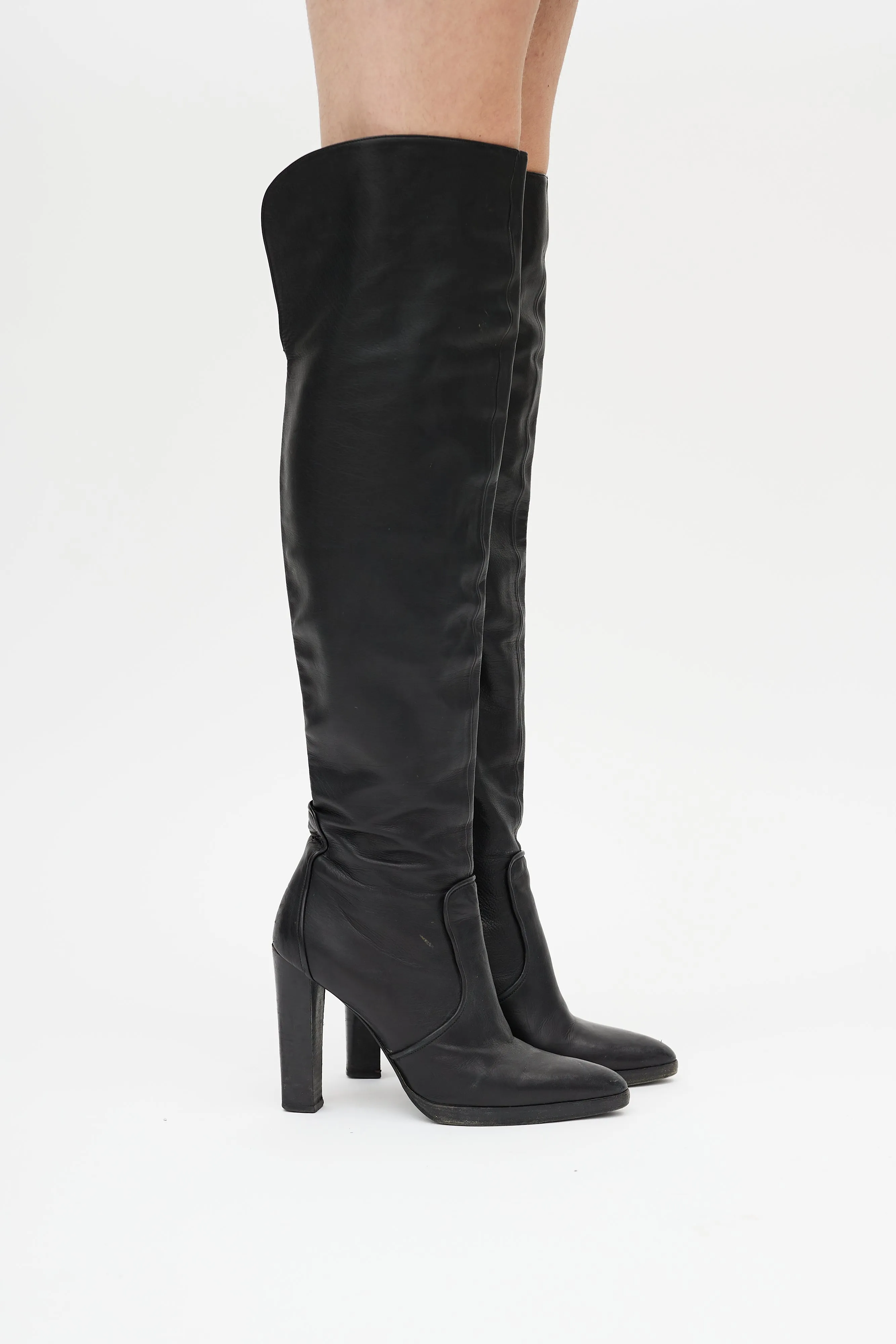 Black Leather Heeled Knee High Boot
