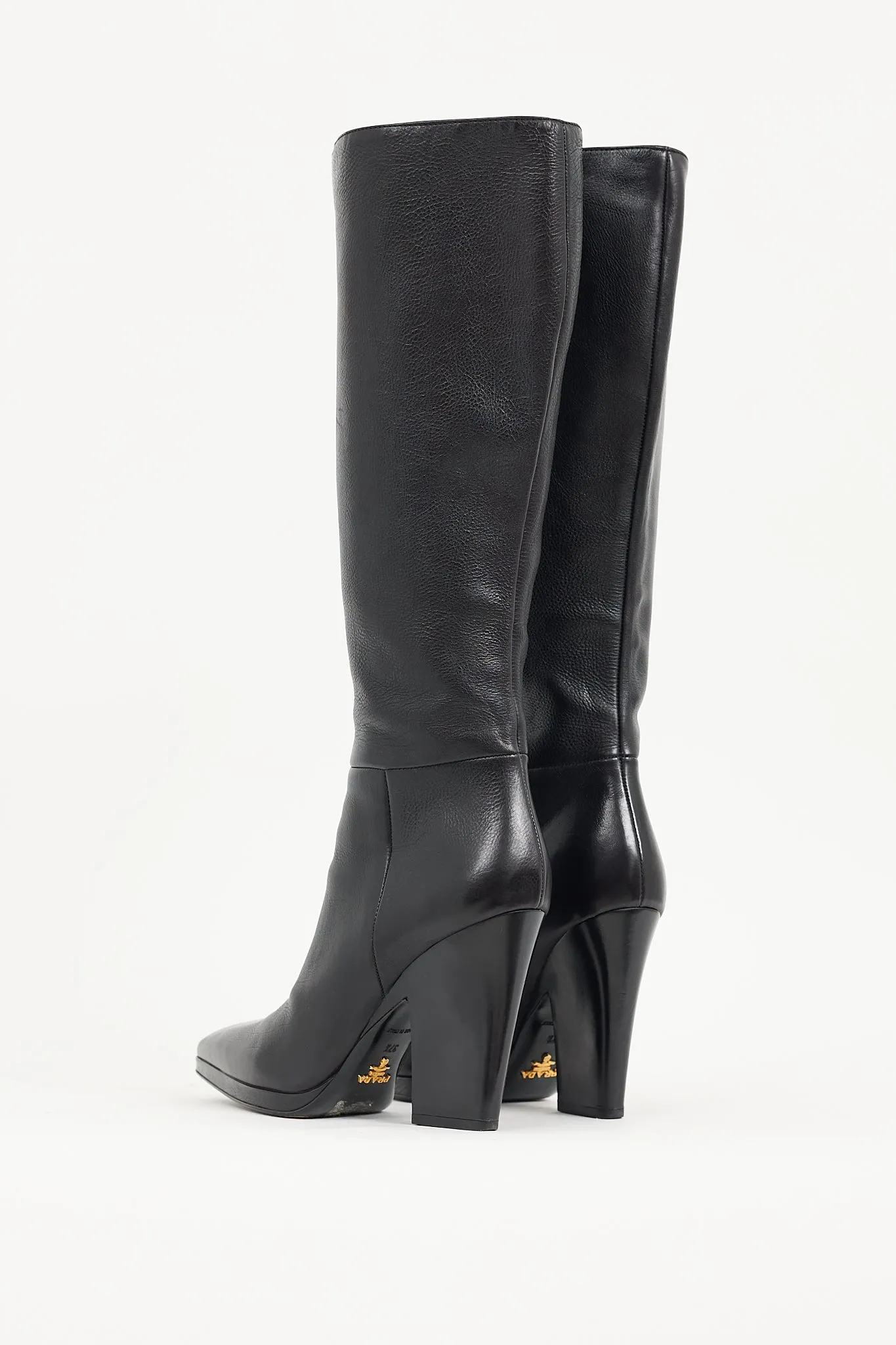 Black Leather Knee High Pointed Toe Boot