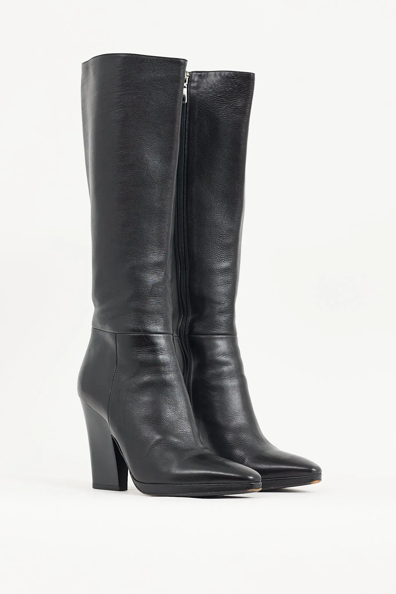 Black Leather Knee High Pointed Toe Boot