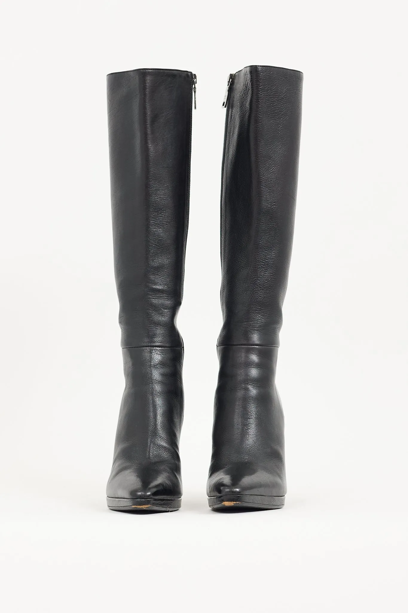 Black Leather Knee High Pointed Toe Boot
