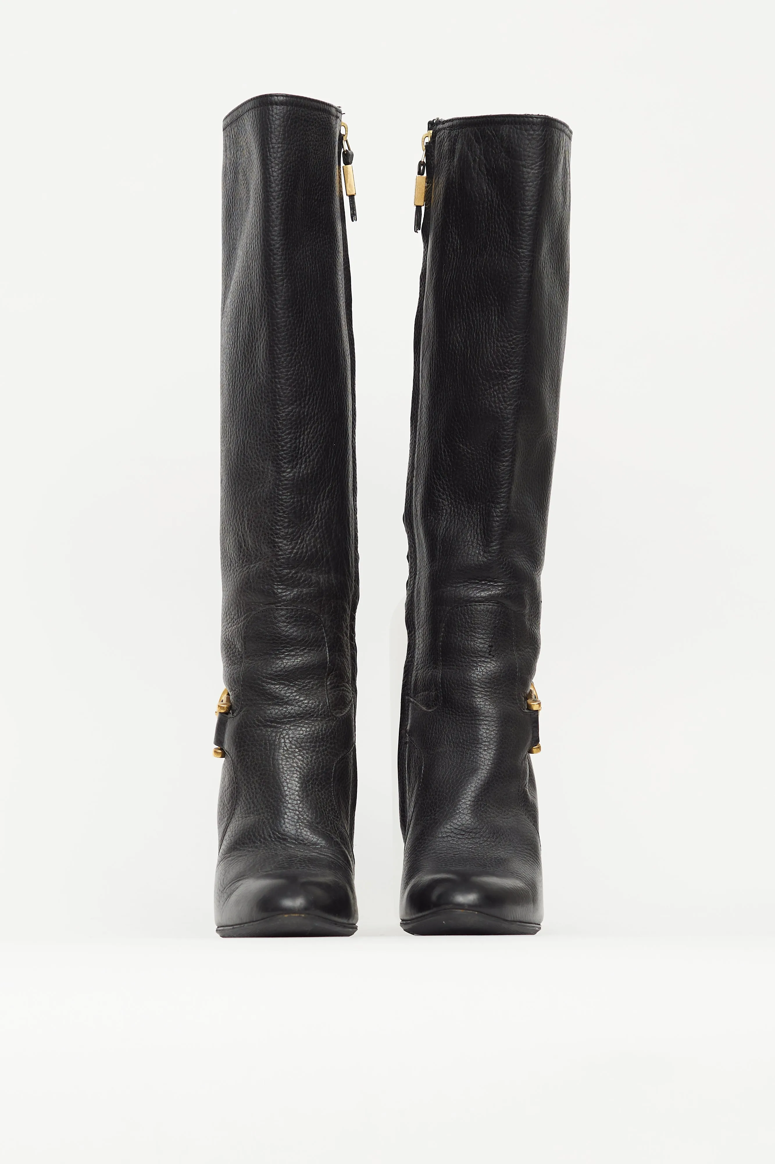Black Leather Knee High Pump Boot