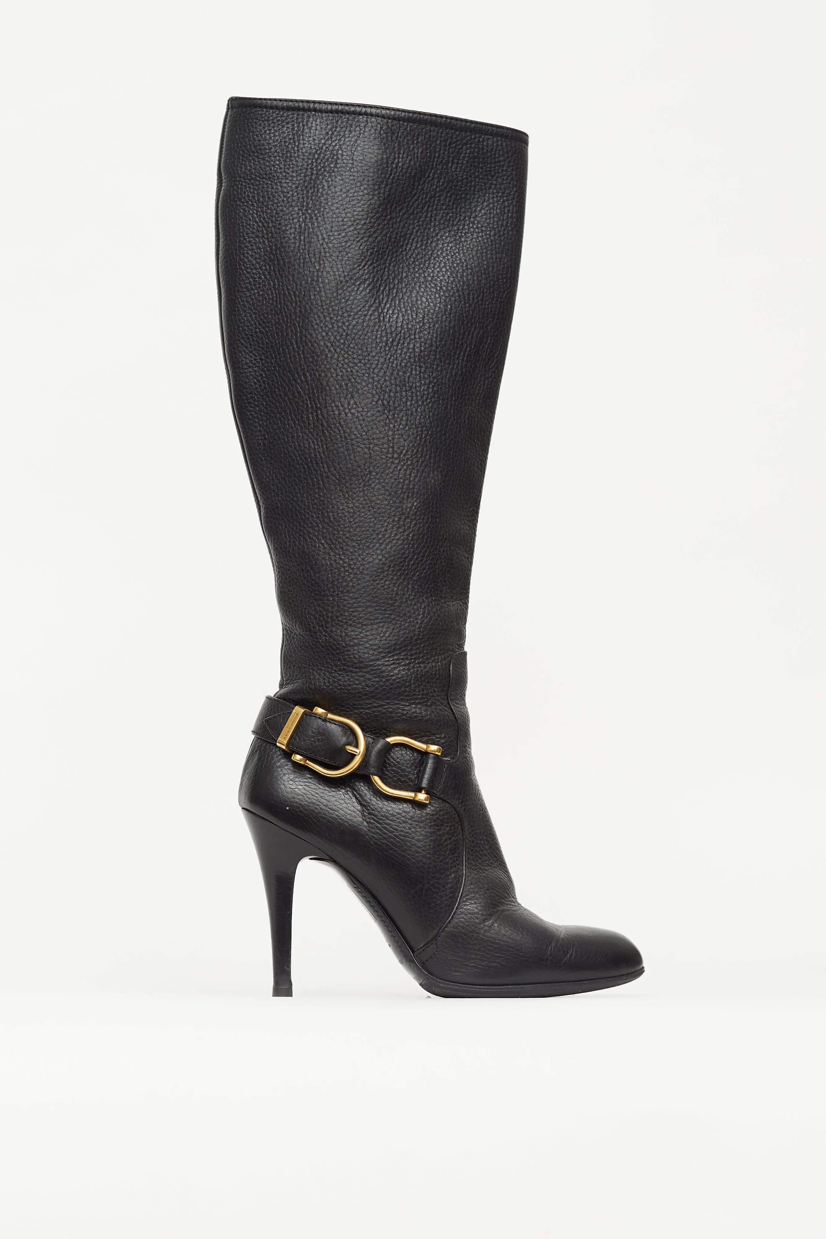 Black Leather Knee High Pump Boot