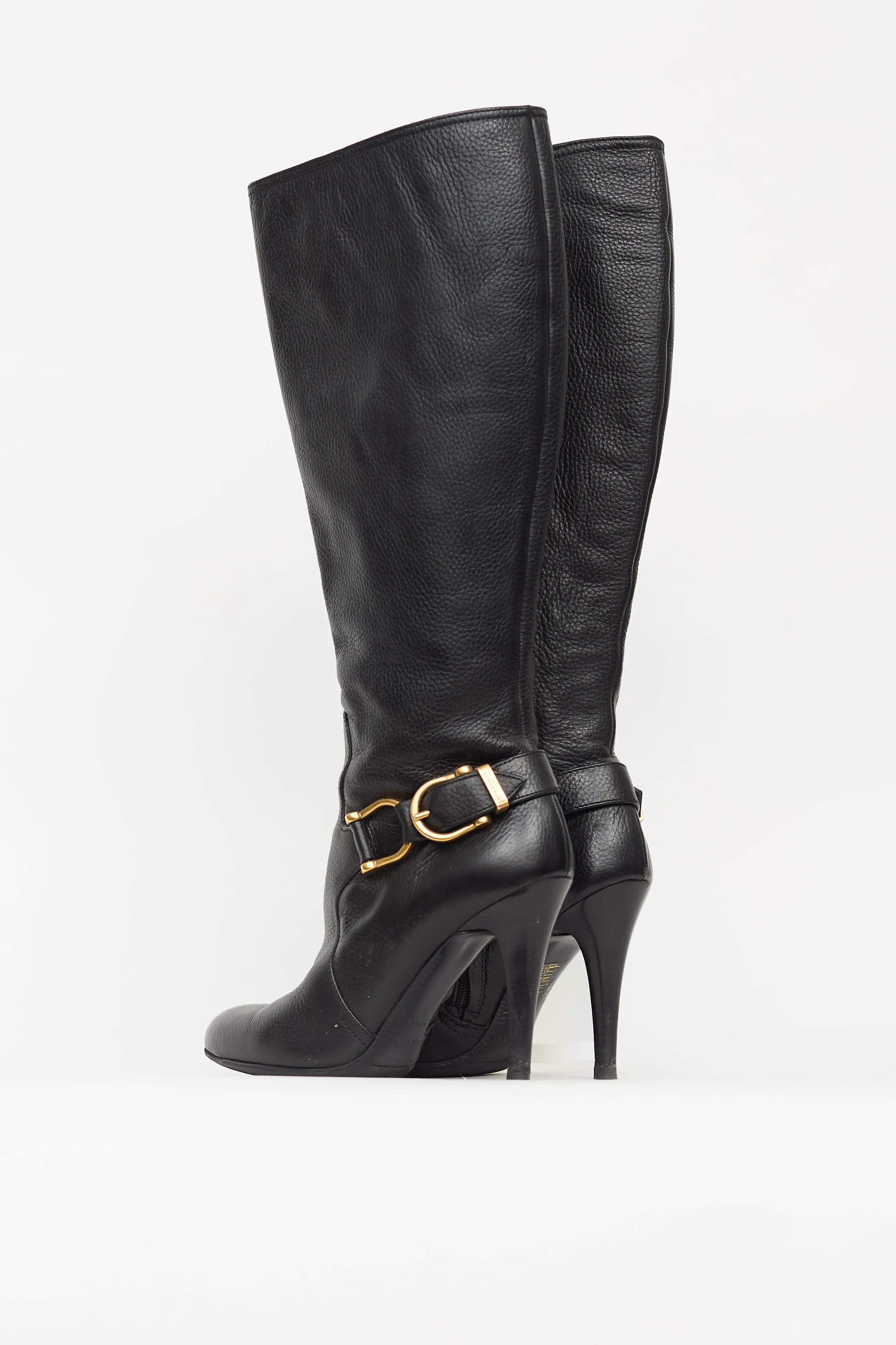 Black Leather Knee High Pump Boot