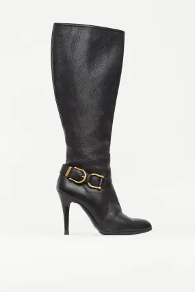 Black Leather Knee High Pump Boot