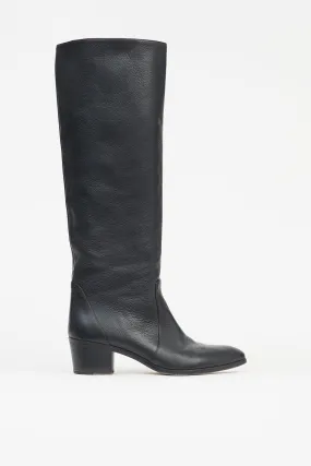 Black Leather Knee High Riding  Boot