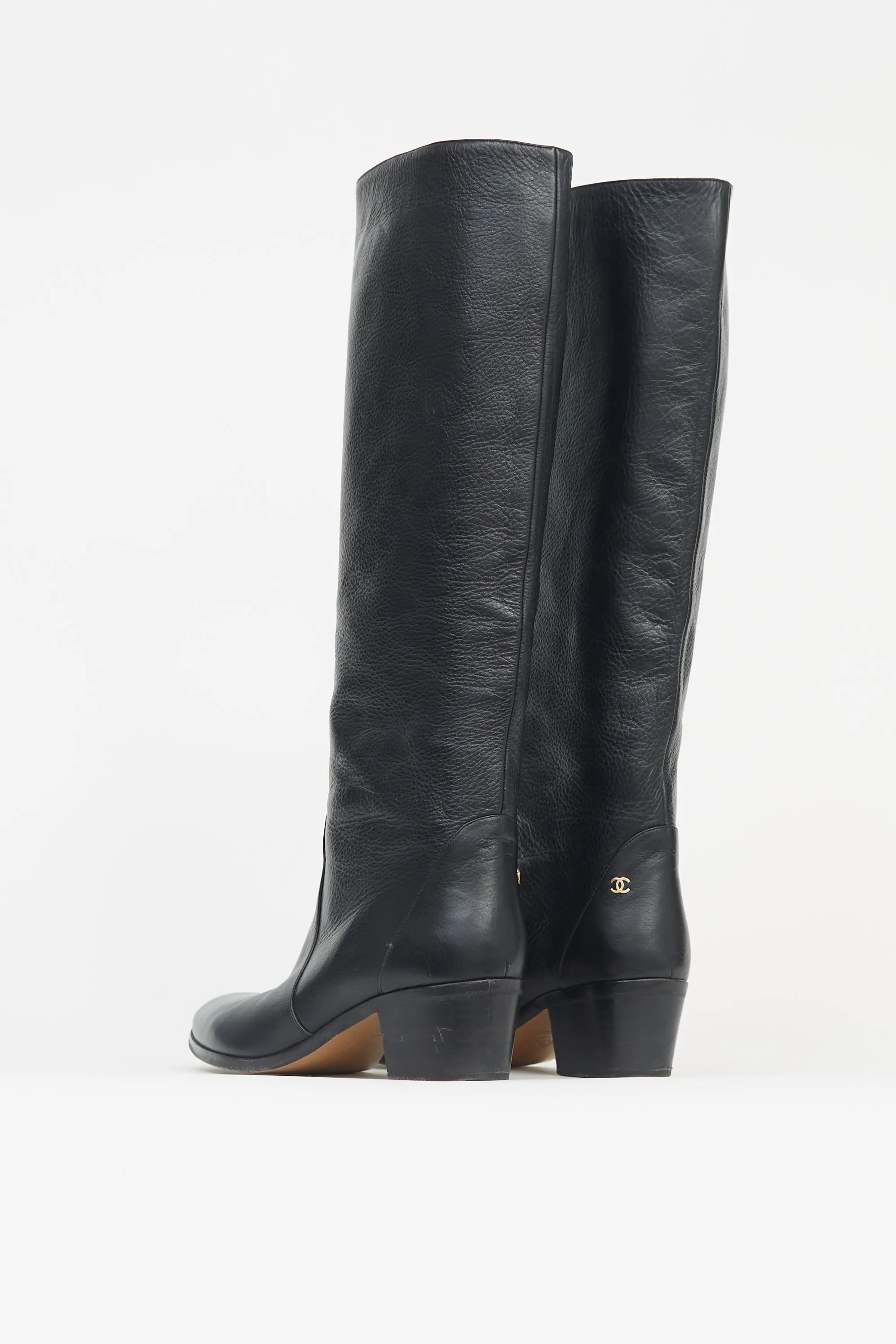 Black Leather Knee High Riding  Boot