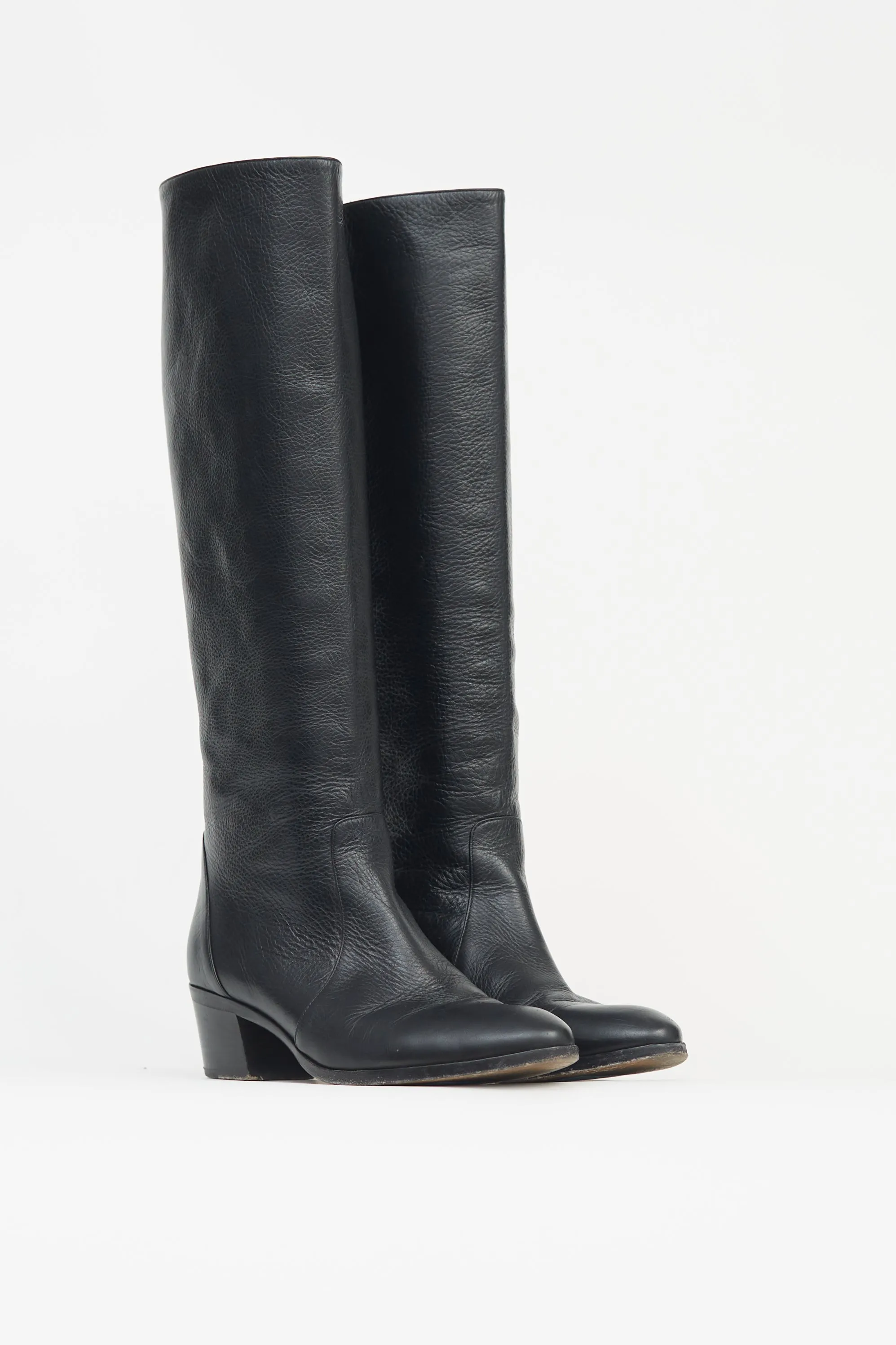 Black Leather Knee High Riding  Boot