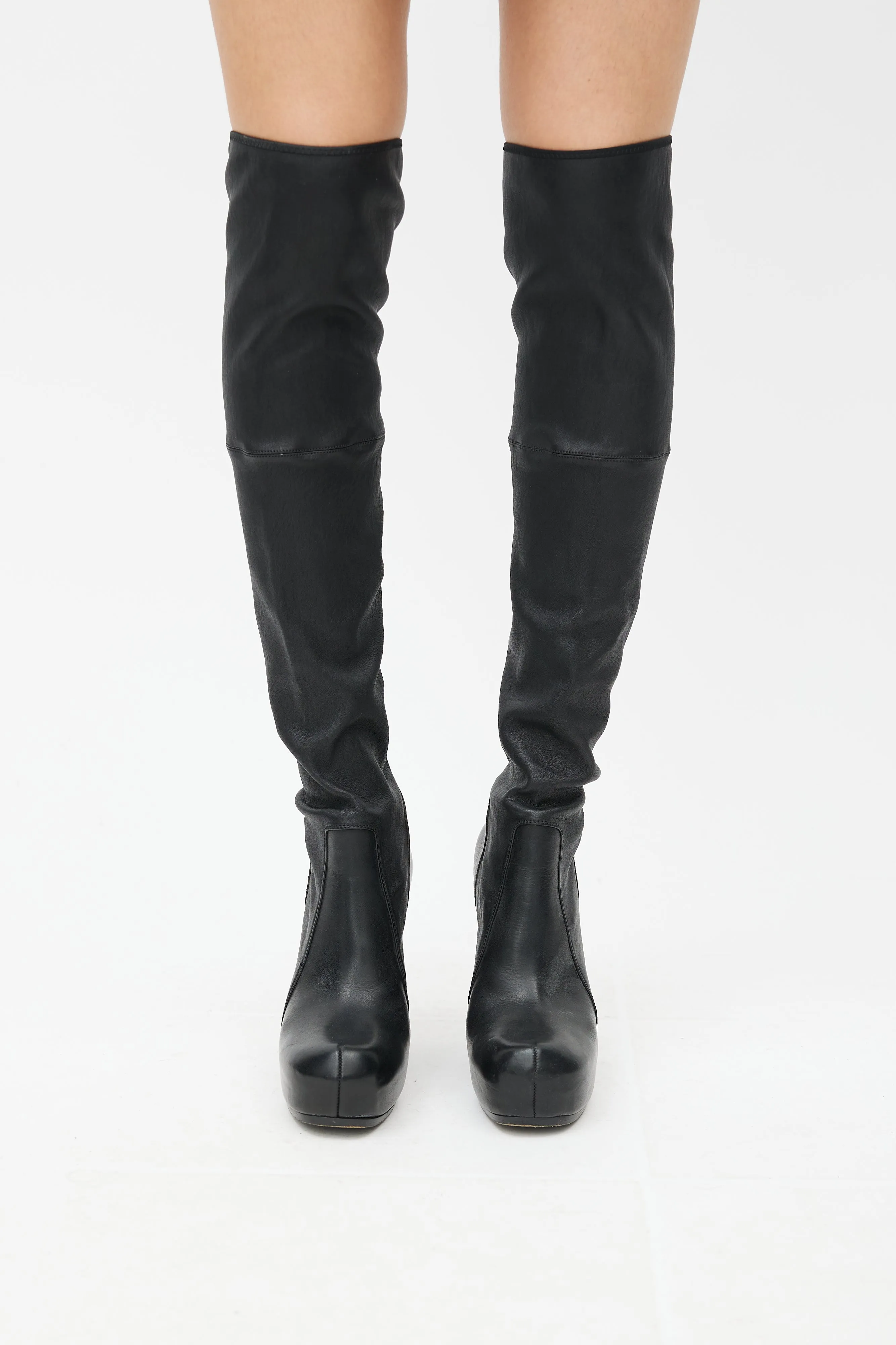 Black Leather Knee High Wedge Boot