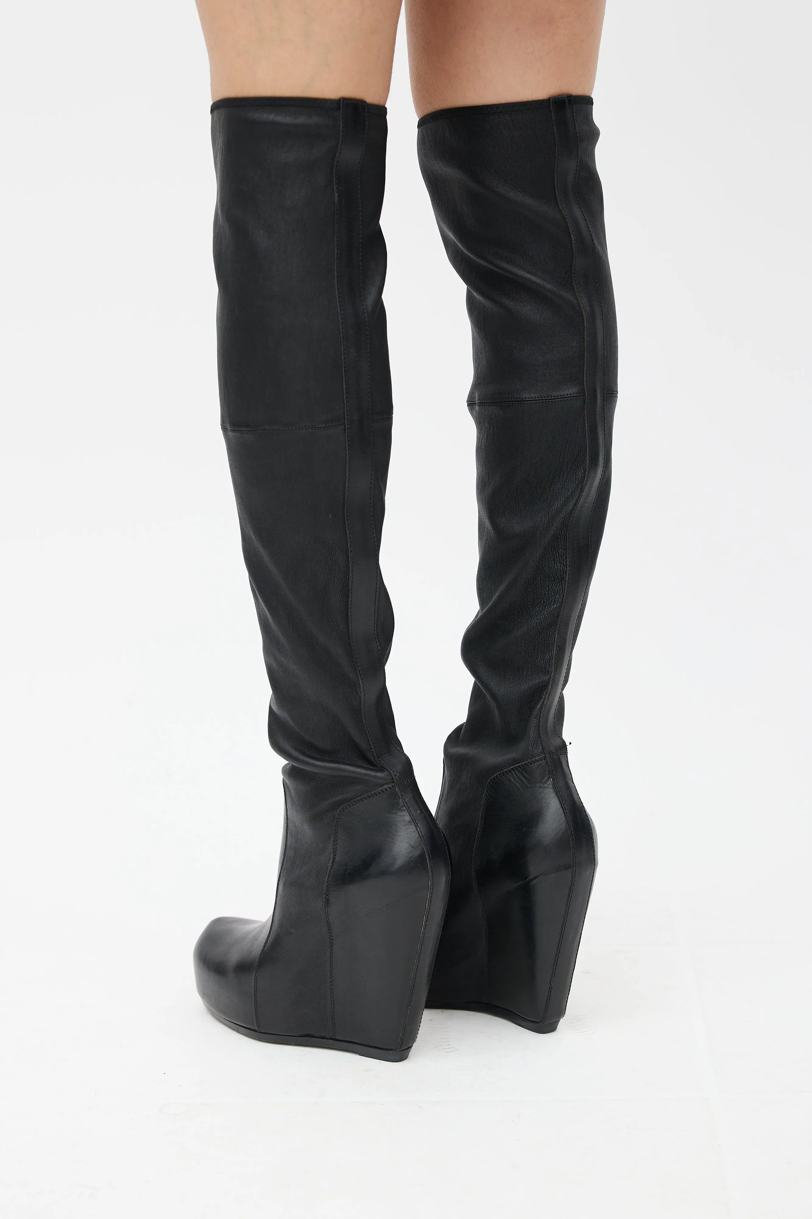 Black Leather Knee High Wedge Boot