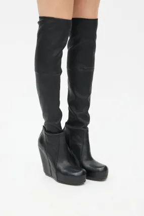 Black Leather Knee High Wedge Boot